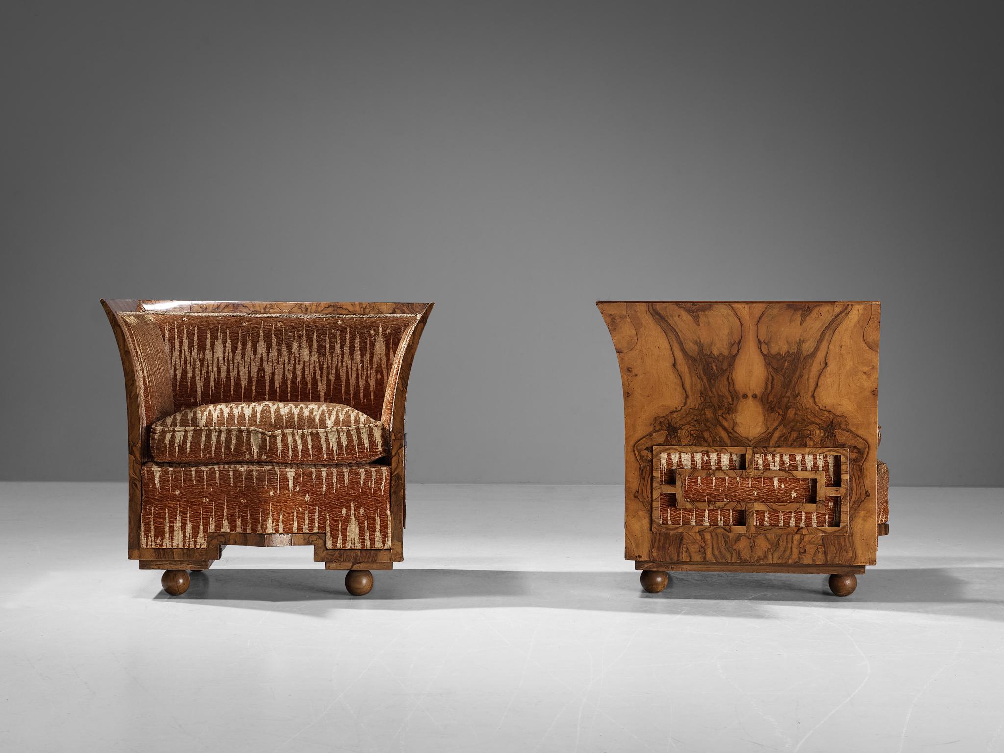 Unique Italian Art Deco Pair of Lounge Chairs in Walnut Burl and Velvet  1