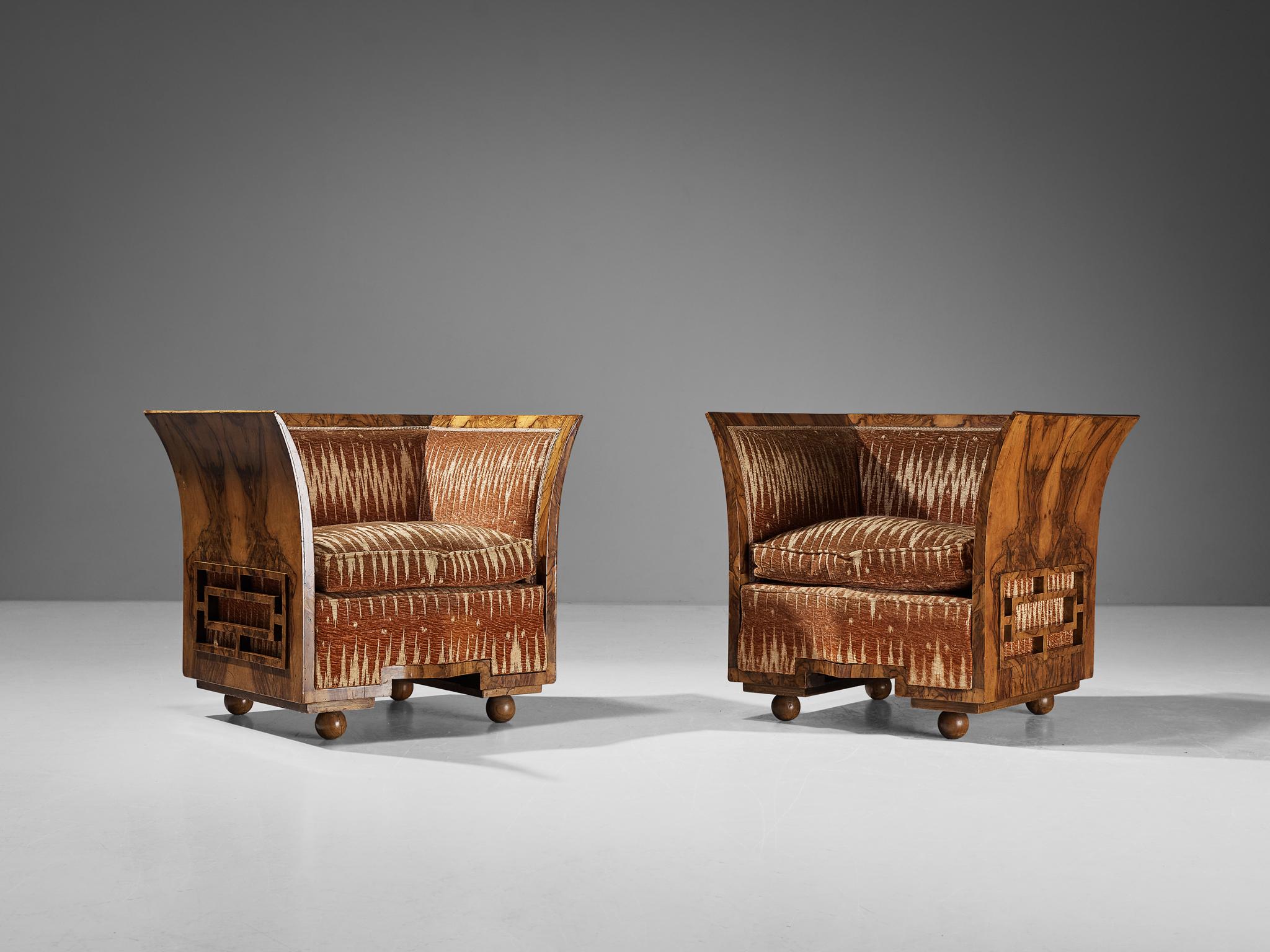 Unique Italian Art Deco Pair of Lounge Chairs in Walnut Burl and Velvet  5