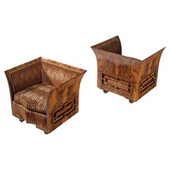 Unique Italian Art Deco Pair of Lounge Chairs in Walnut Burl and Velvet 