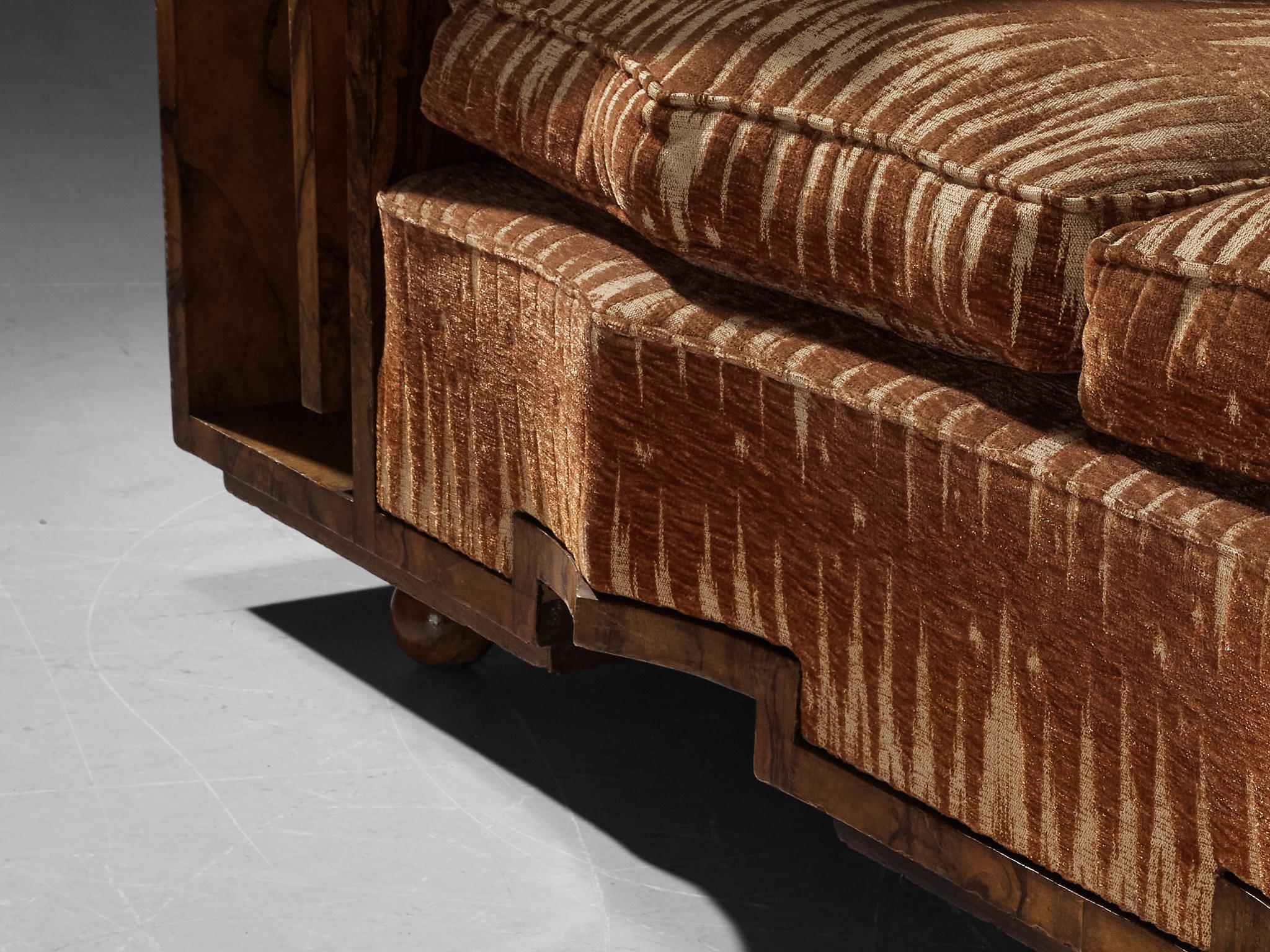 Unique Italian Art Deco Sofa in Walnut Burl and Striped Velvet Upholstery  For Sale 6
