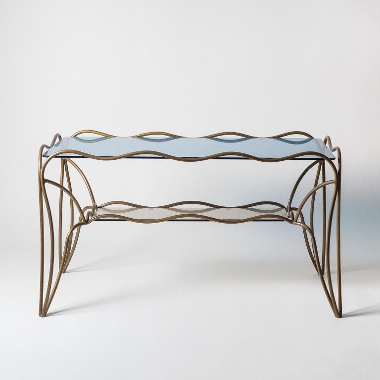 Unique Italian Brass and Colored Glass Cocktail Table, 1950s For Sale