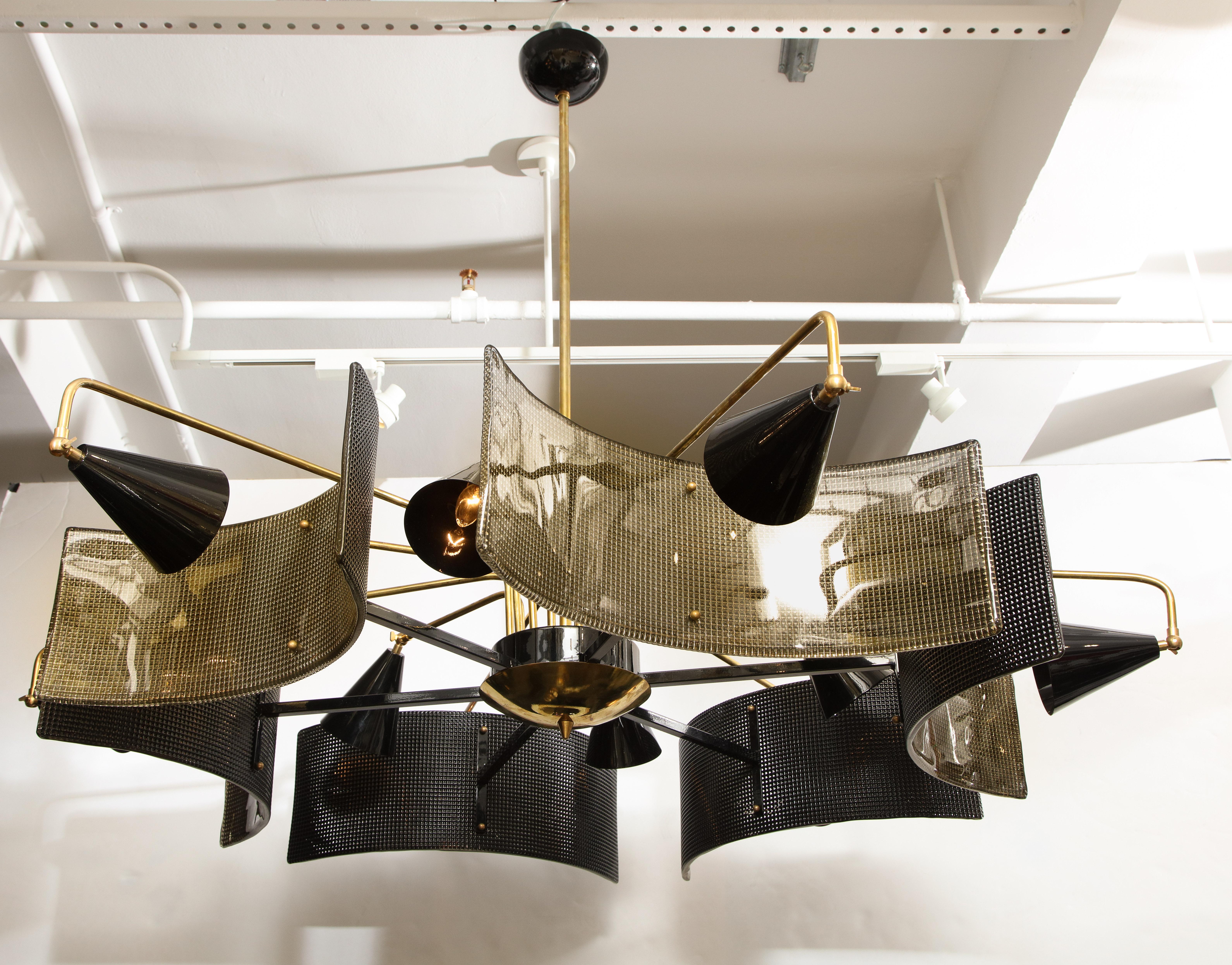 Brass and Black Metal with Smoked Murano Glass Shields Chandelier, Italy, 2019 8