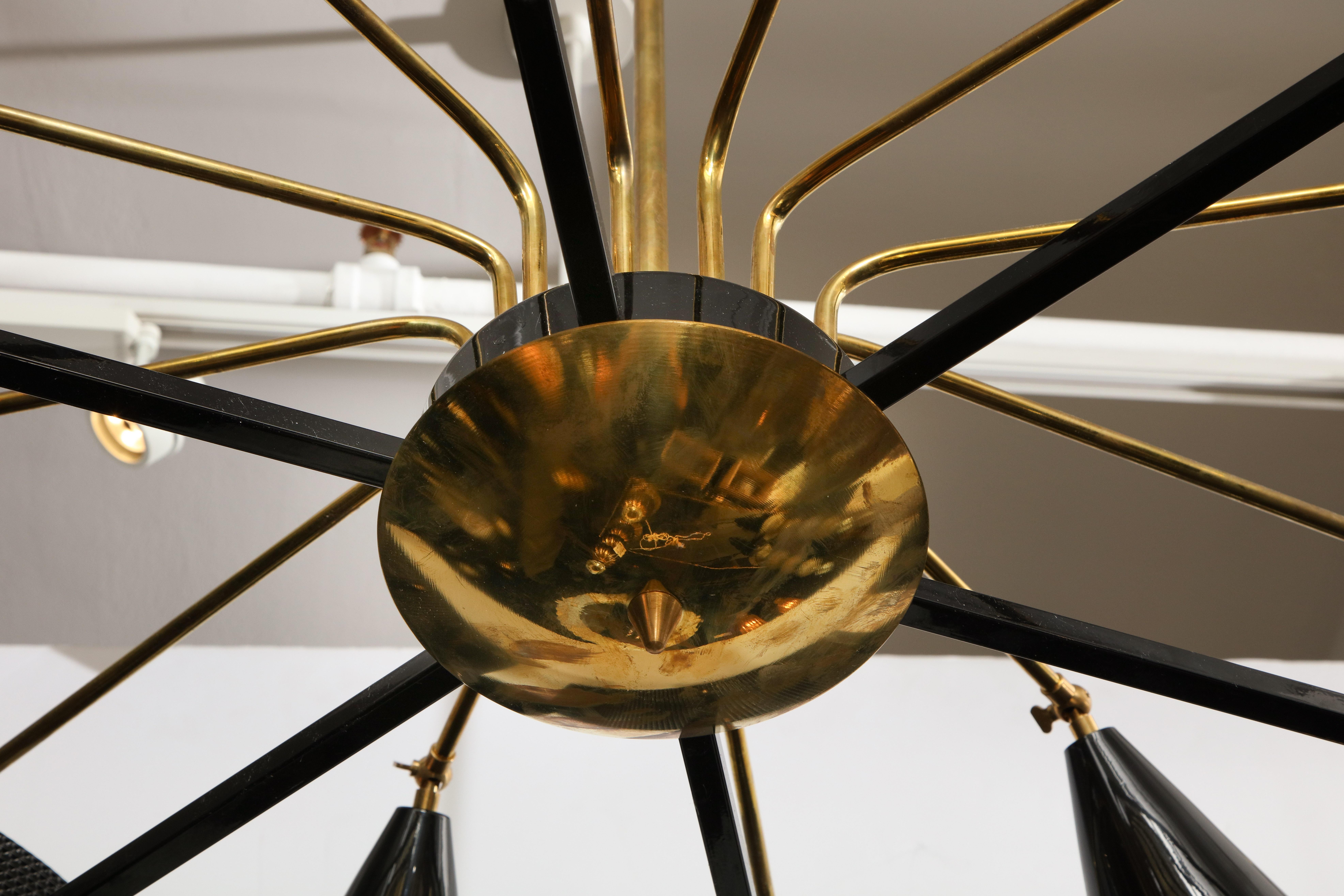 Contemporary Brass and Black Metal with Smoked Murano Glass Shields Chandelier, Italy, 2019