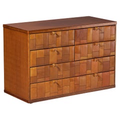 Unique Italian Chest of Drawers in Cognac Patchwork Leather and Birch 