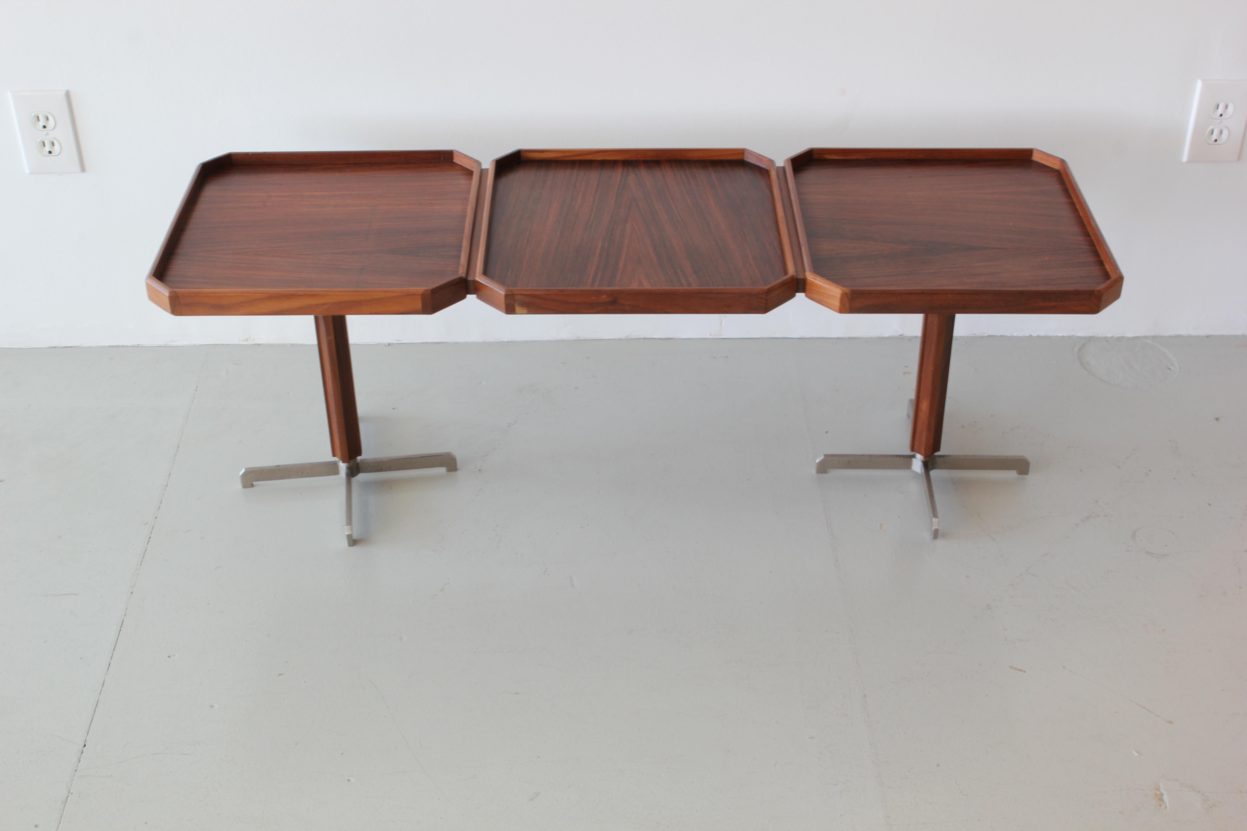 Unique 1950s Italian geometric coffee table 
Teak squares with grain going opposite directions 
brushed steel base

Lower console tables still available. 