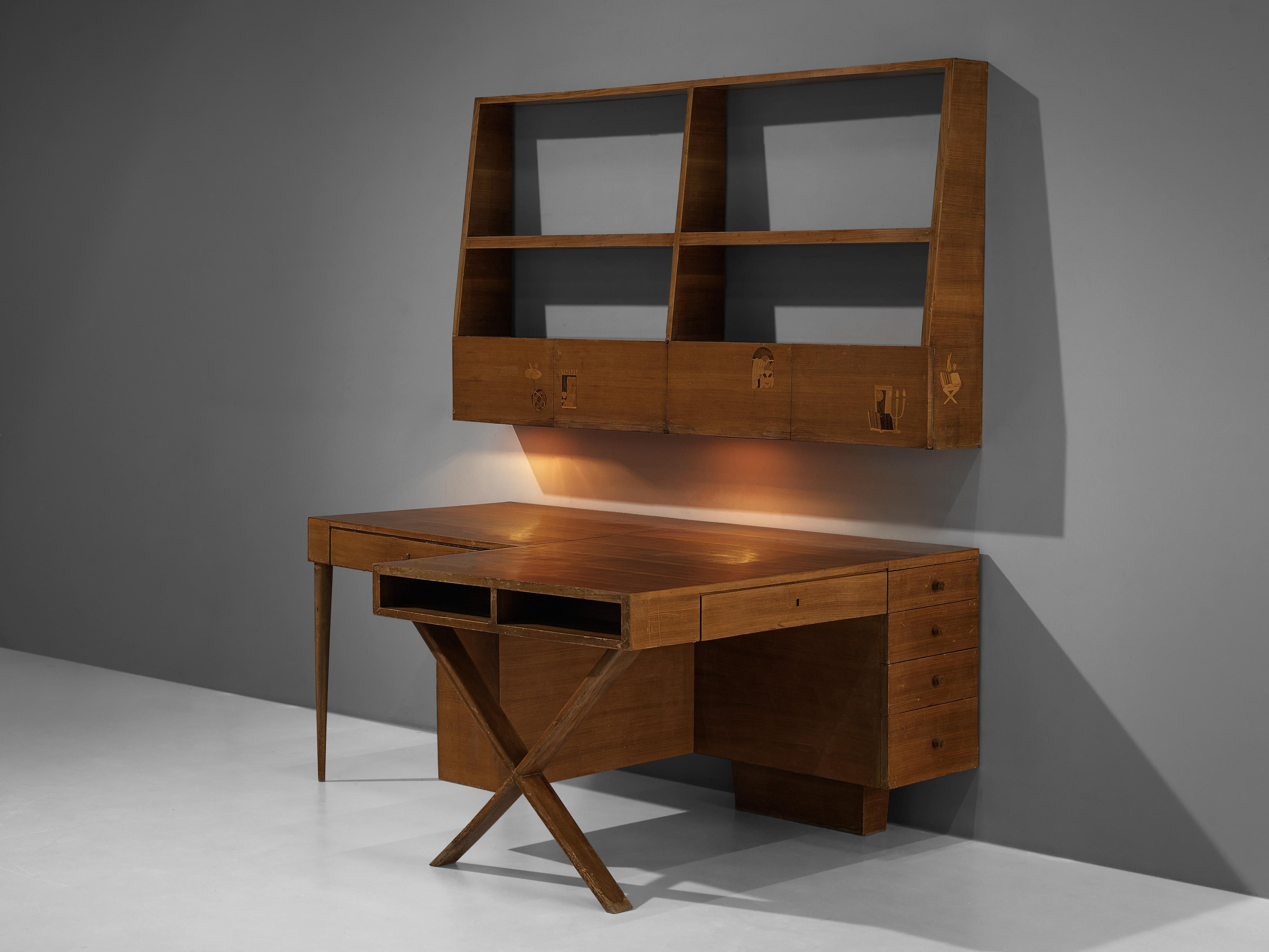 Double desk with shelf, walnut, Italy, 1950s

Custom-made desk for two people with wall-mounted shelf. Luxurious detail are the wood inlays that show different motives. The desk is highly versatile in its storage facilities and functional use. With