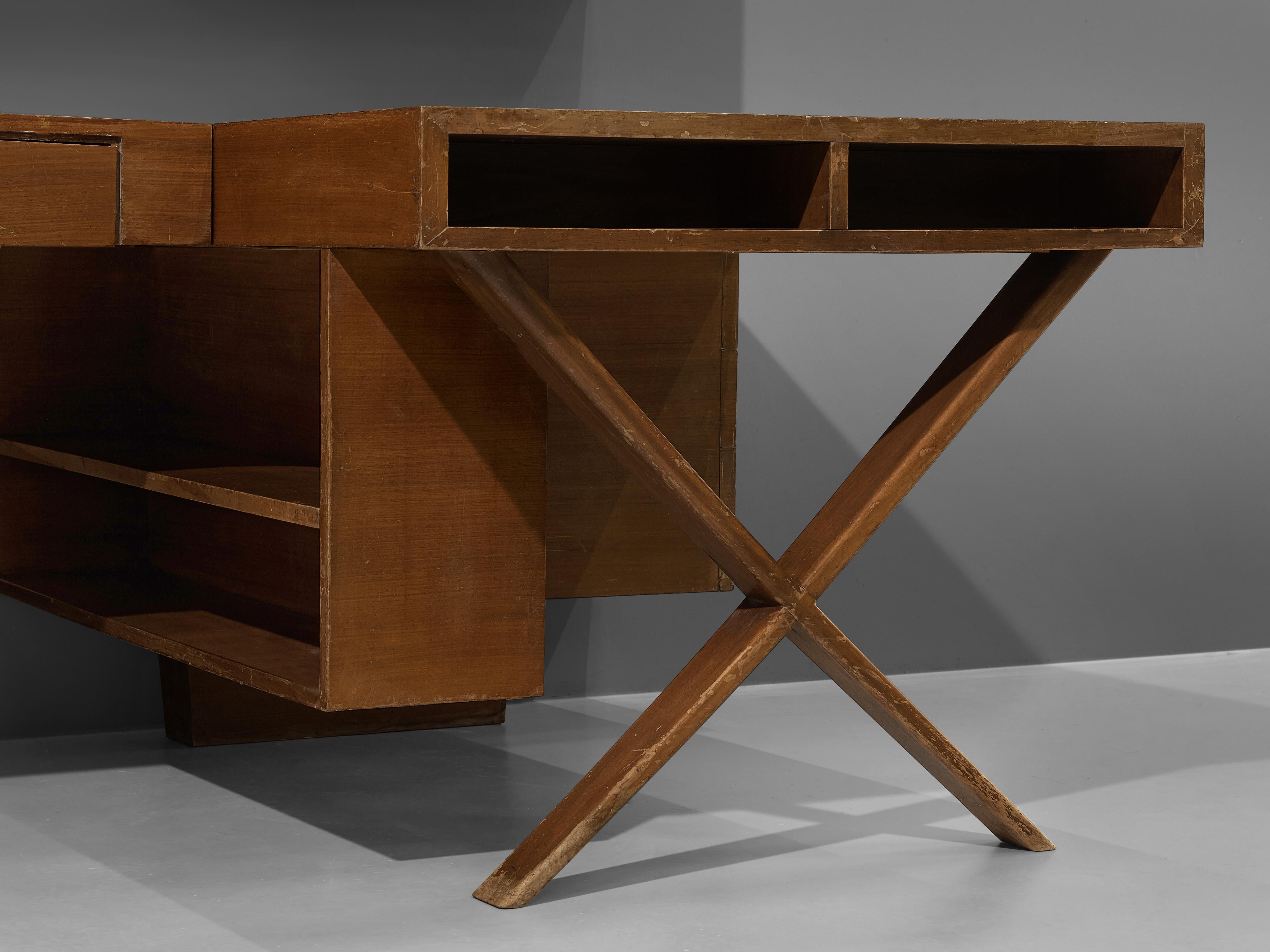 Mid-Century Modern Unique Italian Double Desk with Wall-Shelf in Walnut with Marquetry For Sale