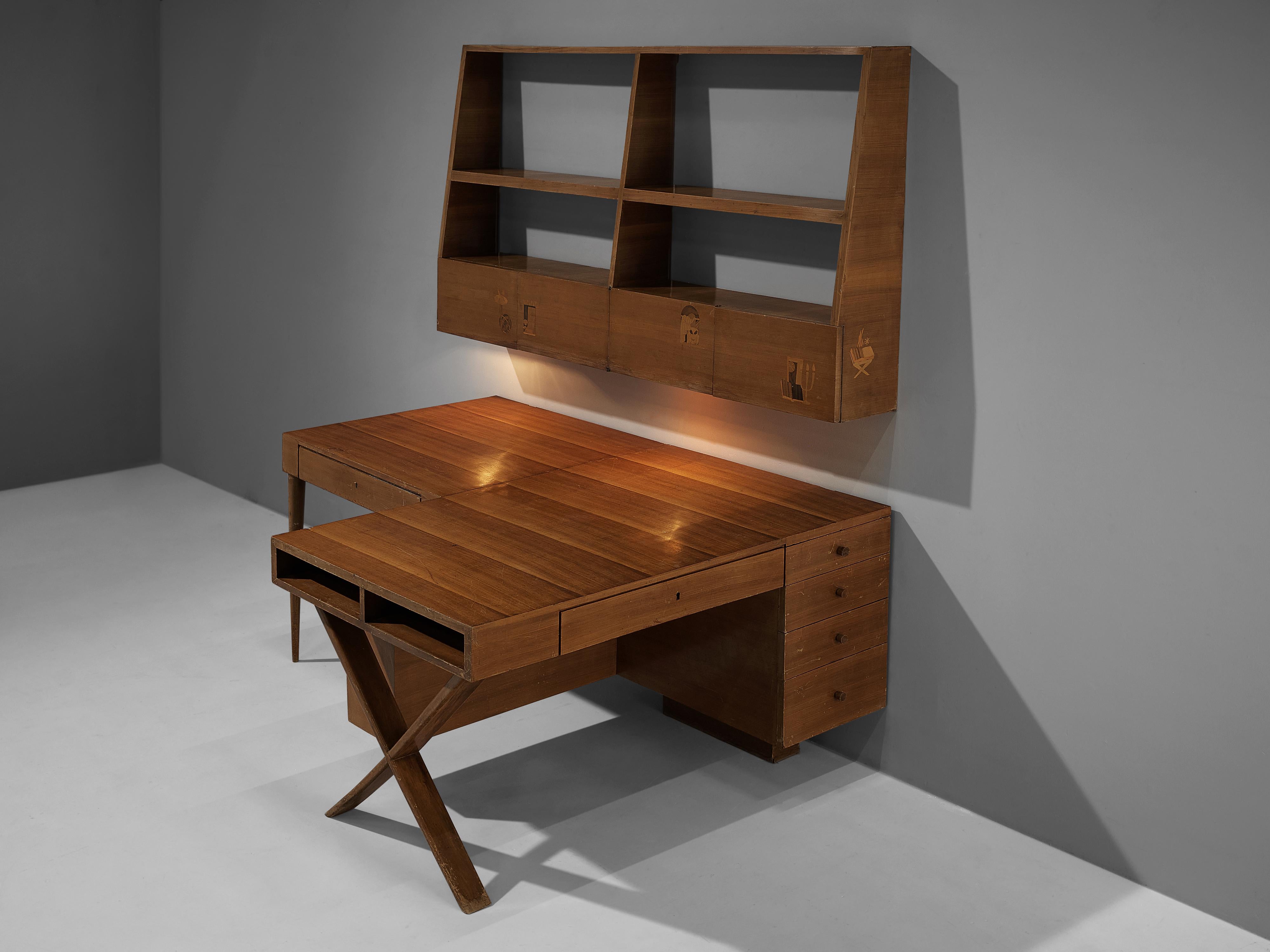 Wood Unique Italian Double Desk with Wall-Shelf in Walnut with Marquetry For Sale