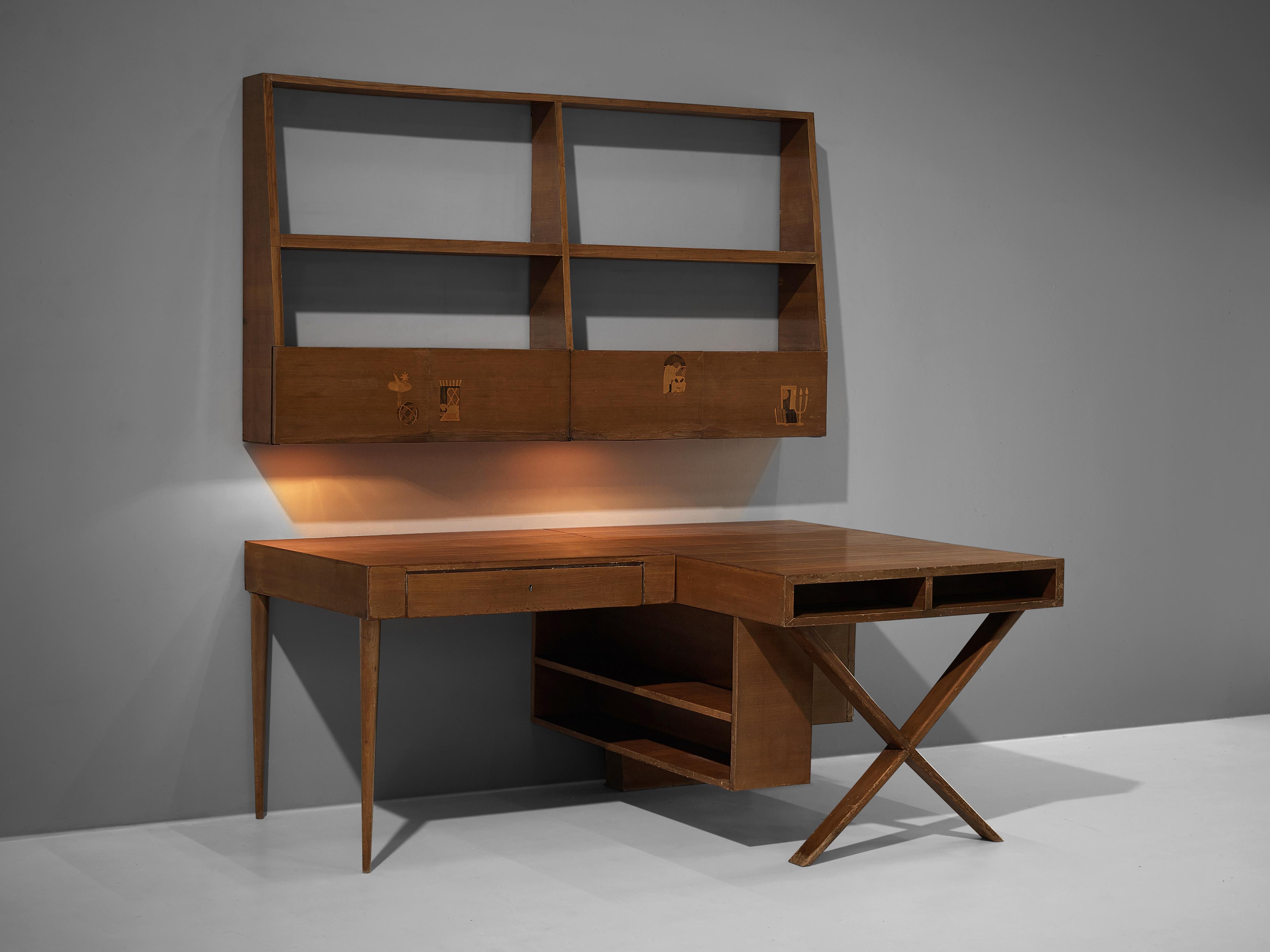 Unique Italian Double Desk with Wall-Shelf in Walnut with Marquetry 1