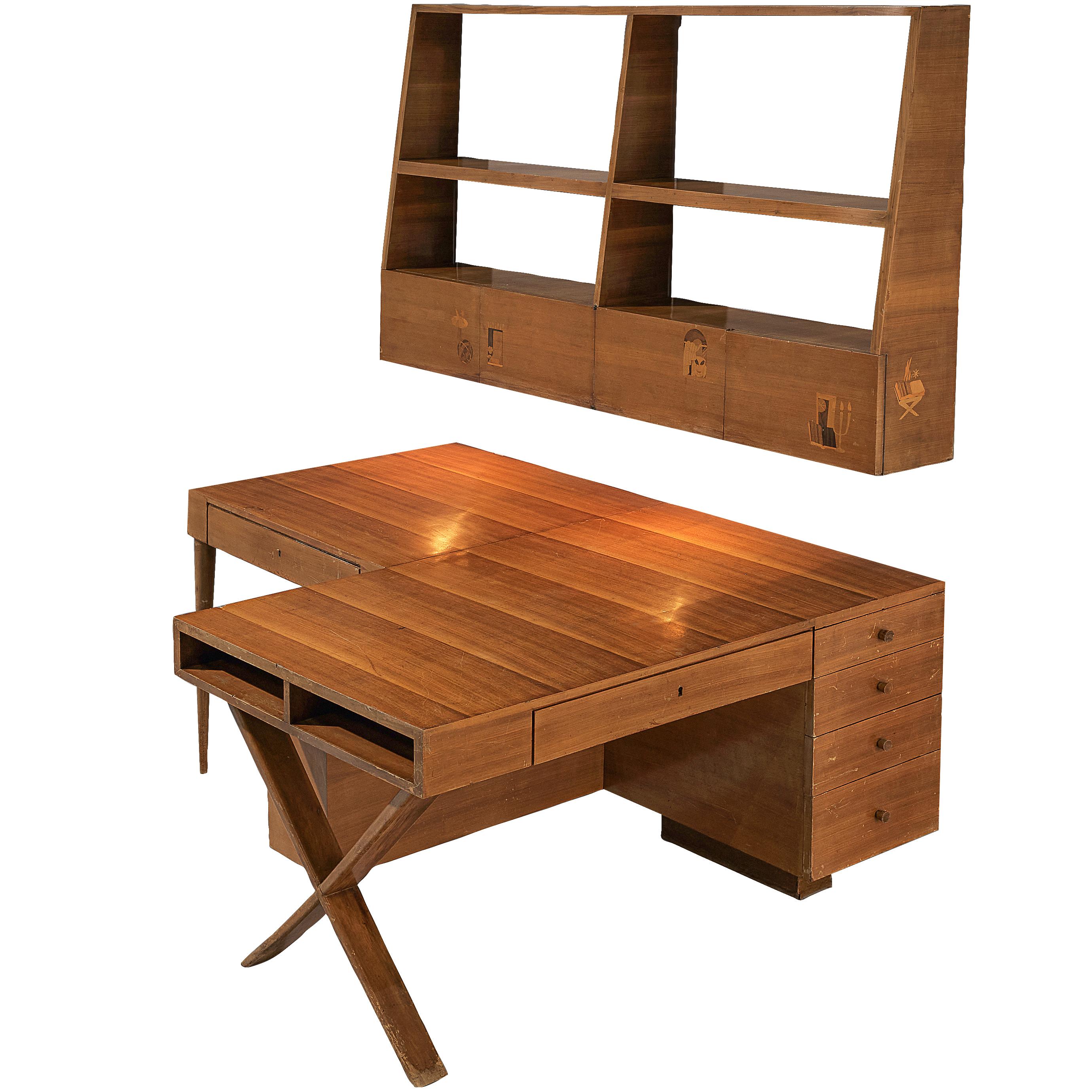 Einzigartiger italienischer Doppel-Schreibtisch mit Wandregal aus Nussbaumholz mit Intarsien
