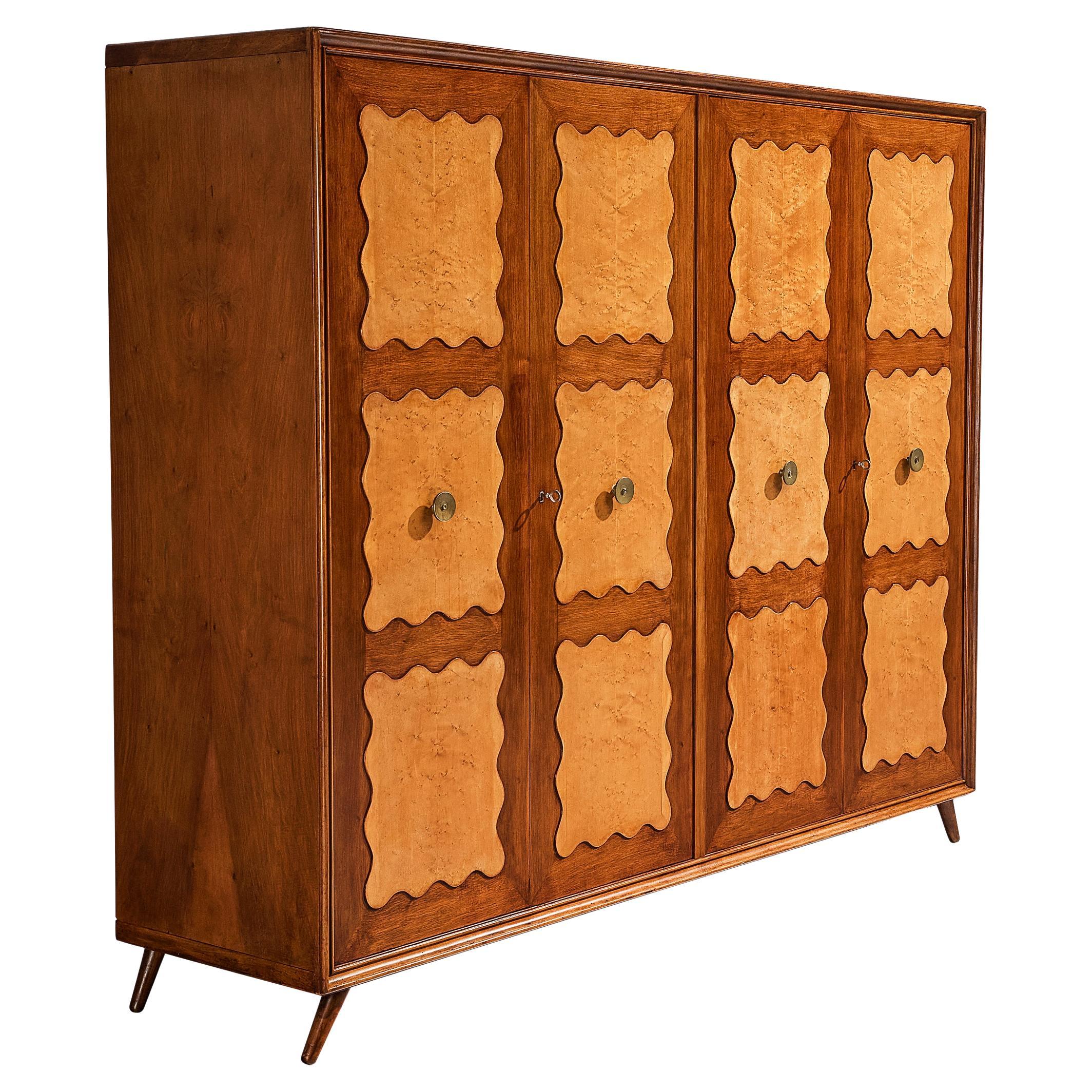 Unique Italian Highboard in Walnut and Birch with Carved Scalloped Front  For Sale