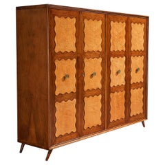 Vintage Unique Italian Highboard in Walnut and Birch with Carved Scalloped Front 