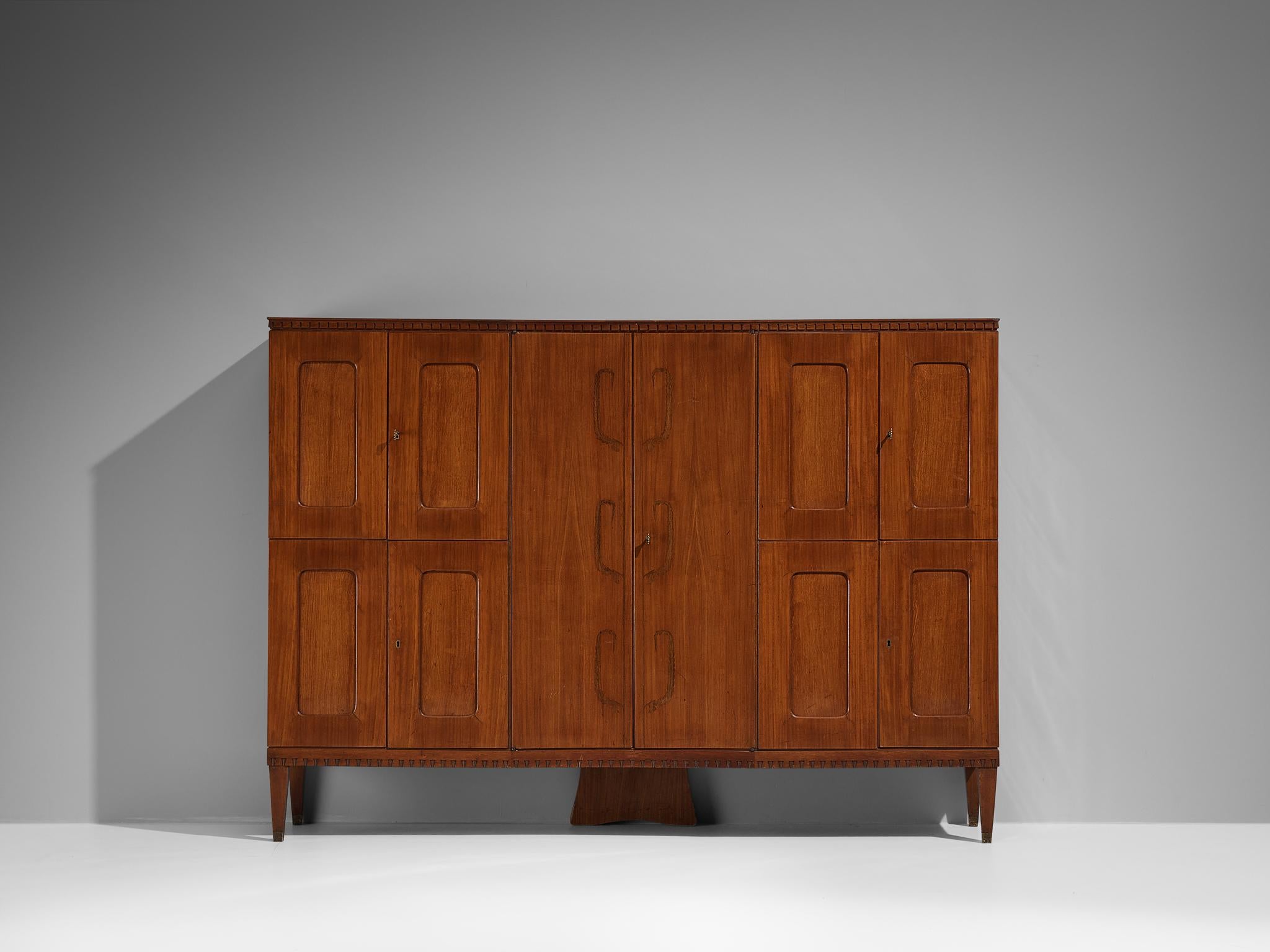 Mid-Century Modern Unique Italian Highboard with Illuminated Interior in Mahogany and Brass