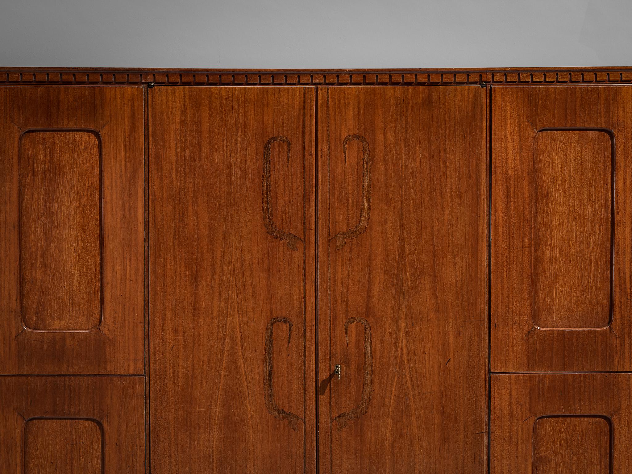 Mid-Century Modern Unique Italian Highboard with Illuminated Interior in Mahogany and Brass  For Sale