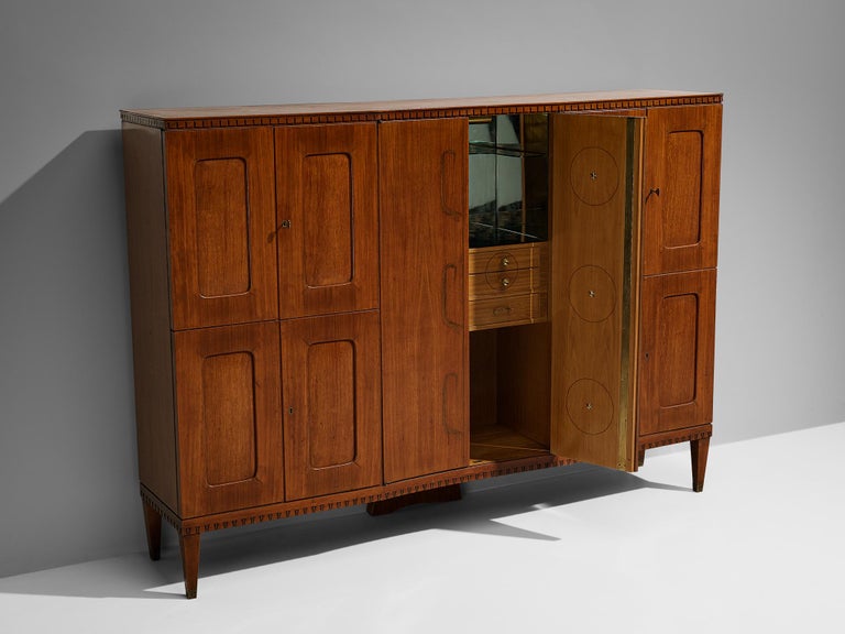 Mid-20th Century Unique Italian Highboard with Illuminated Interior in Mahogany and Brass For Sale