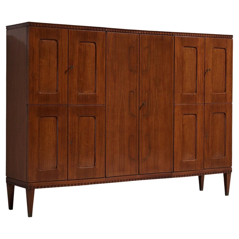 Unique Italian Highboard with Illuminated Interior in Mahogany and Brass For Sale