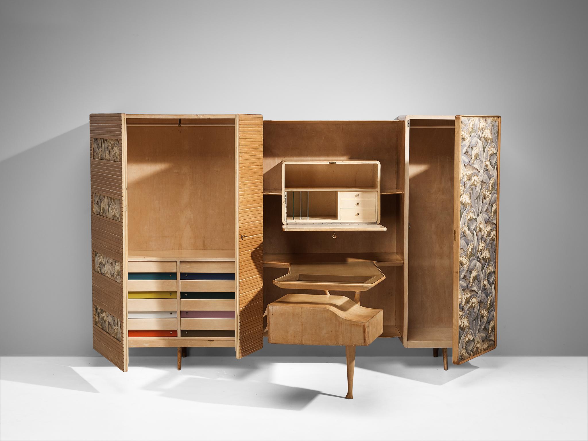 Unique Italian Large Wall Unit with Writing Desk in Maple and Birch For Sale 9