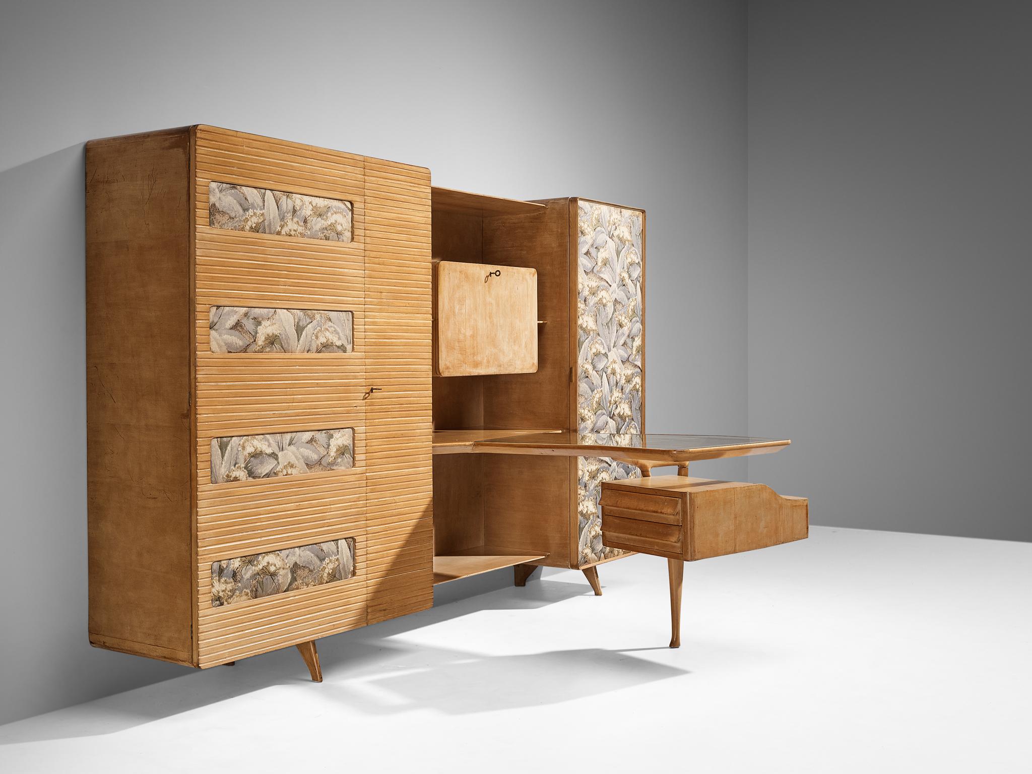 Mid-Century Modern Unique Italian Large Wall Unit with Writing Desk in Maple and Birch  For Sale