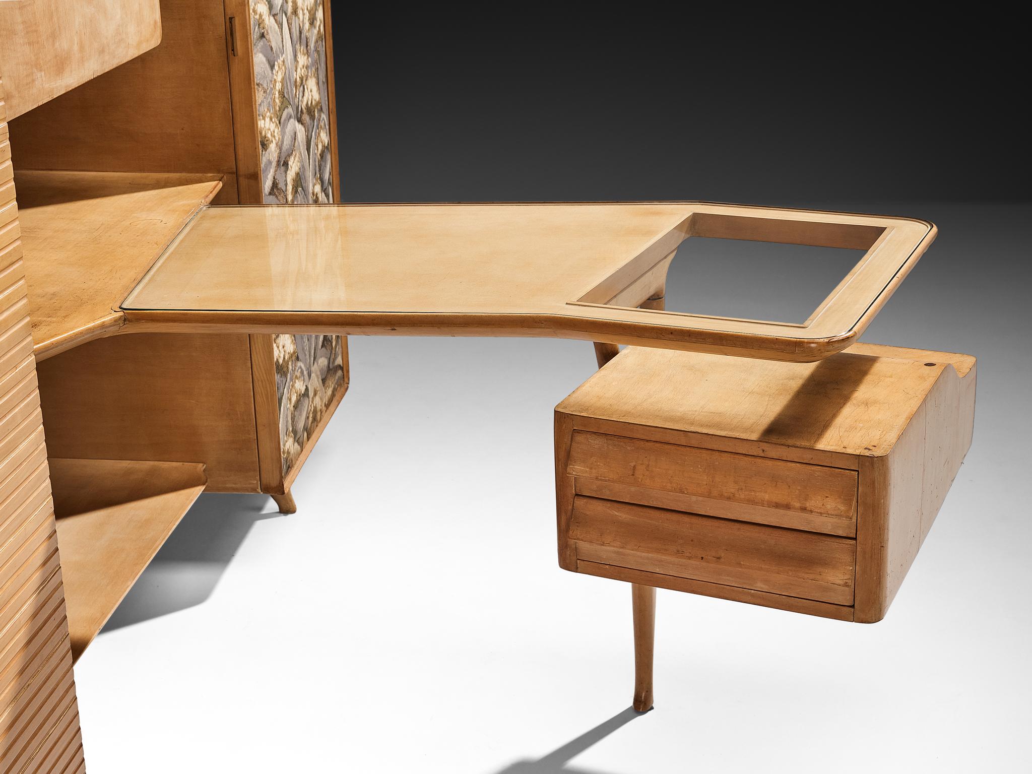 Mid-20th Century Unique Italian Large Wall Unit with Writing Desk in Maple and Birch For Sale