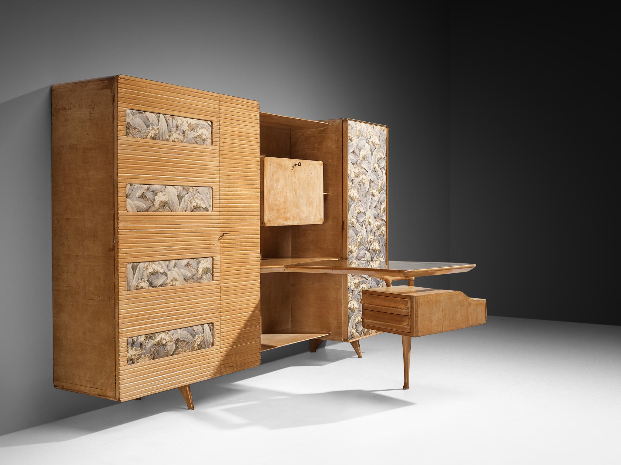 Brass Unique Italian Large Wall Unit with Writing Desk in Maple and Birch For Sale