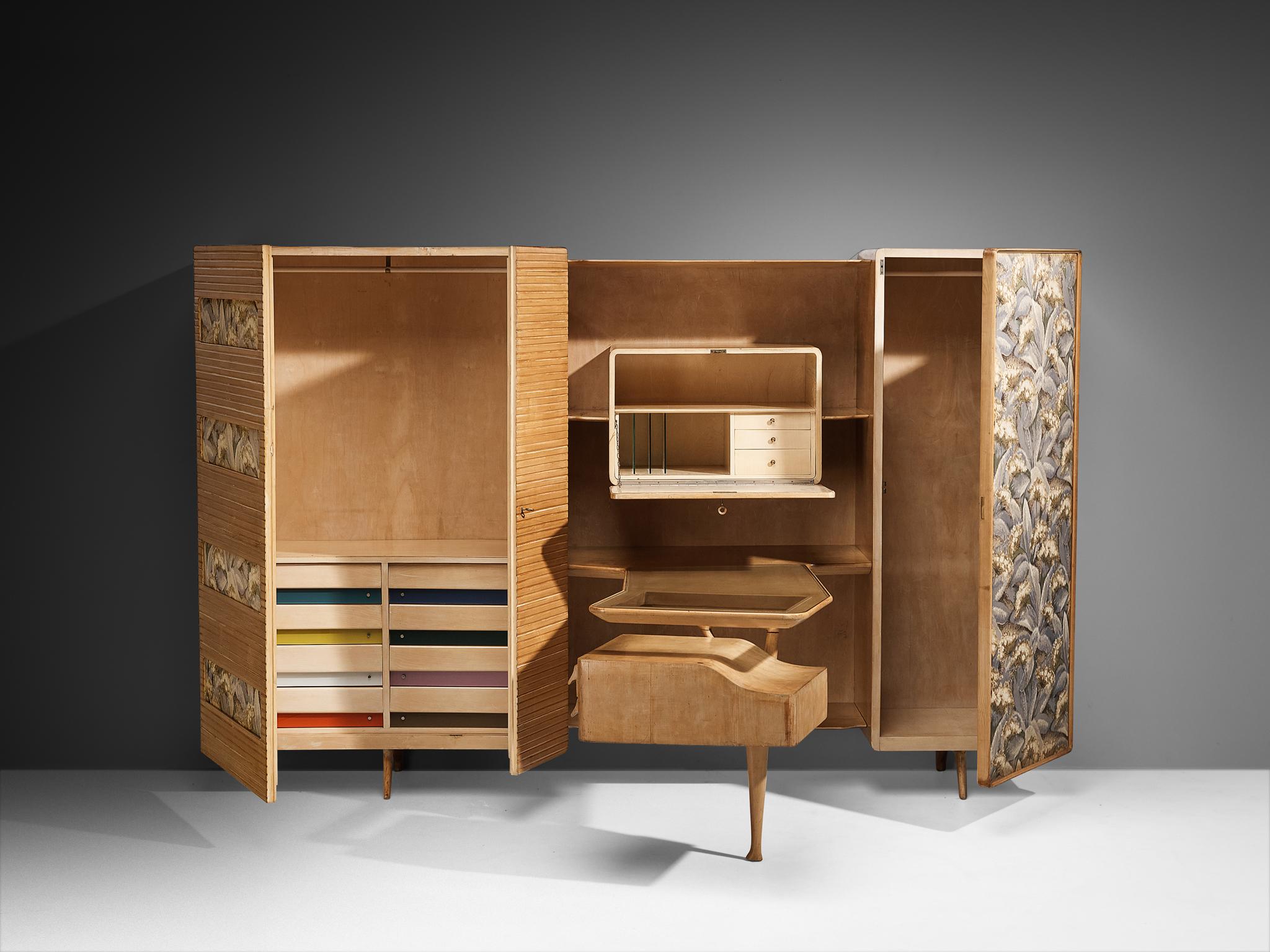 Unique Italian Large Wall Unit with Writing Desk in Maple and Birch For Sale 2