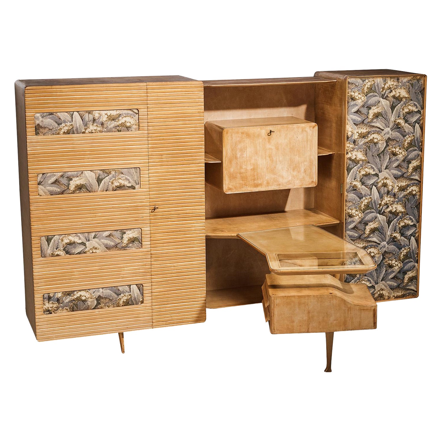 Unique Italian Large Wall Unit with Writing Desk in Maple and Birch For Sale