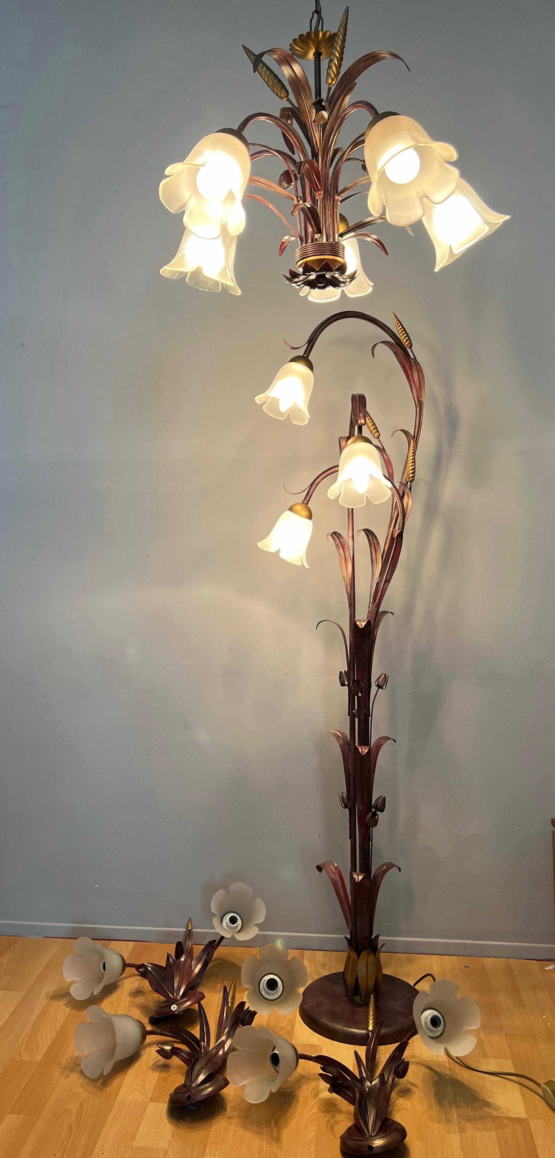 Very stylish and beautifully handcrafted, mid-century pendant, floor lamp and 3 wall sconces.

Over the years we have sold one such pendant, but we had never seen its matching floor lamp and sconces and to have found this unique set of 5 in such