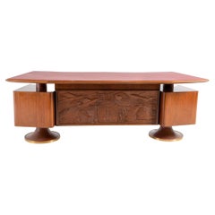 Unique Italian Modern Carved Walnut and Rosewood Boomerang Desk with Armchair
