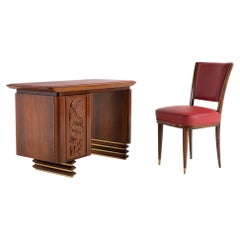 Unique Italian Modern Carved Walnut and Rosewood Desk with Side Chair