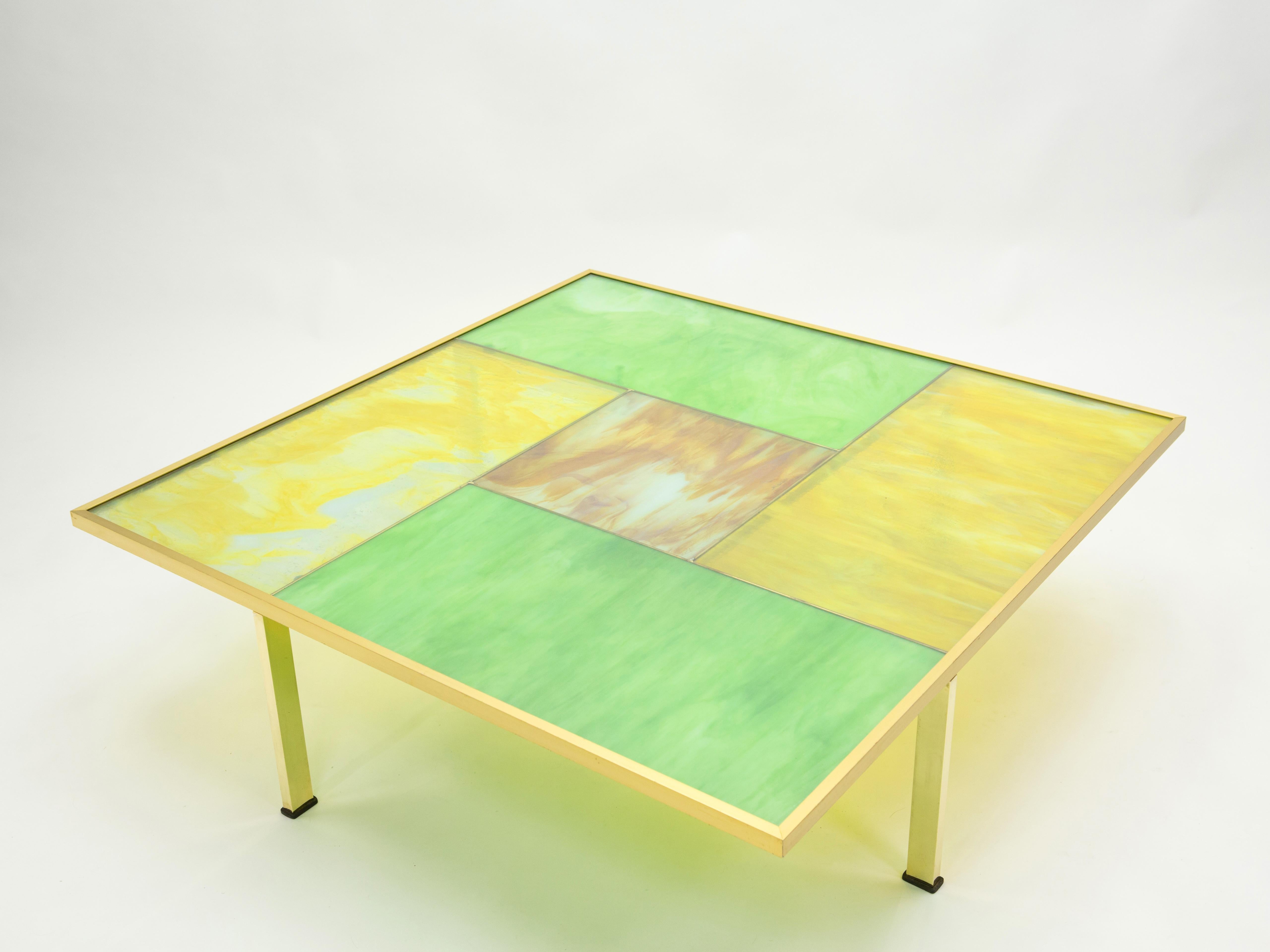 Mid-Century Modern Unique Italian Murano Stained Glass and brass coffee table 1960s For Sale