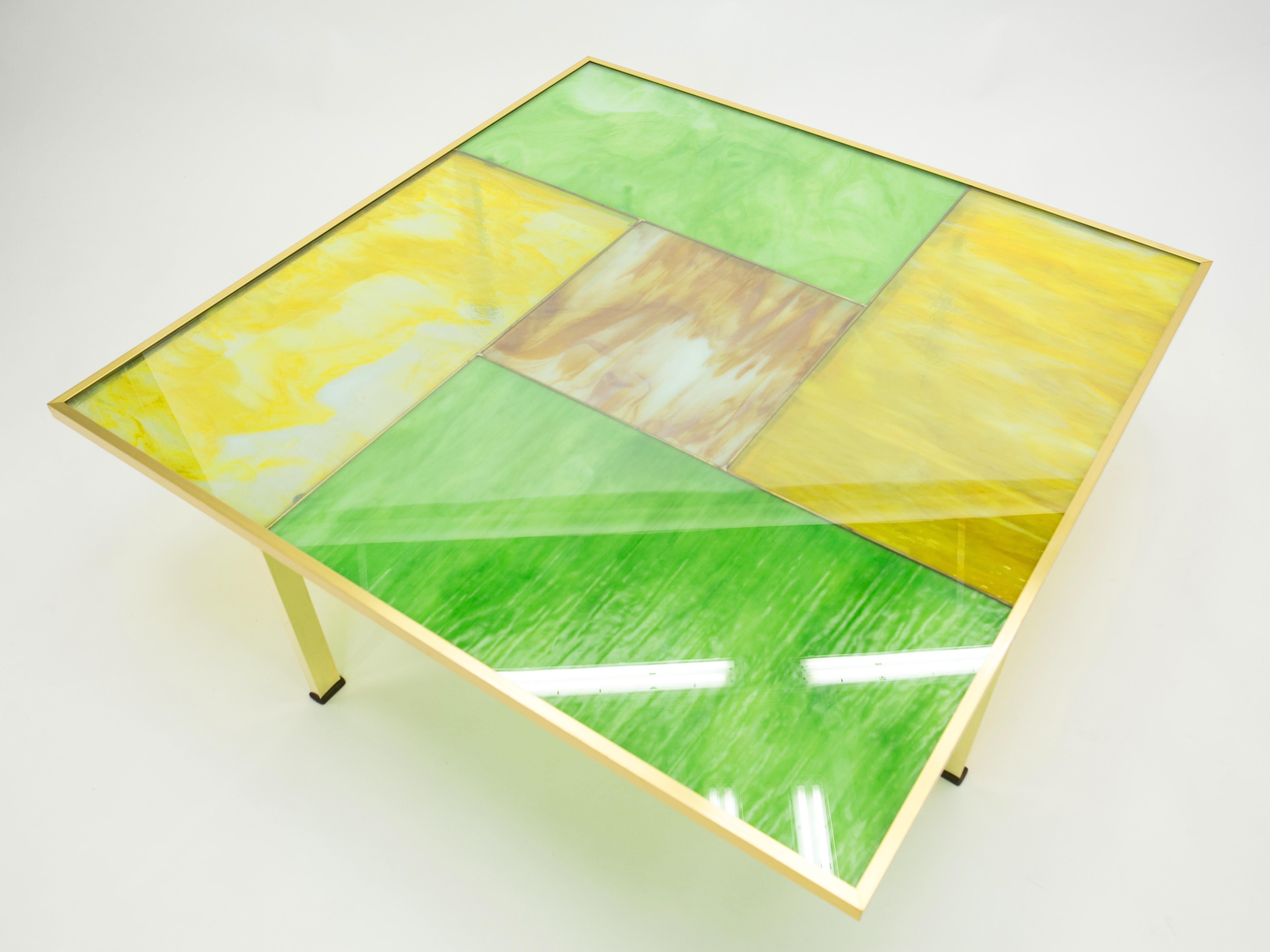 Brass Unique Italian Murano Stained Glass and brass coffee table 1960s For Sale