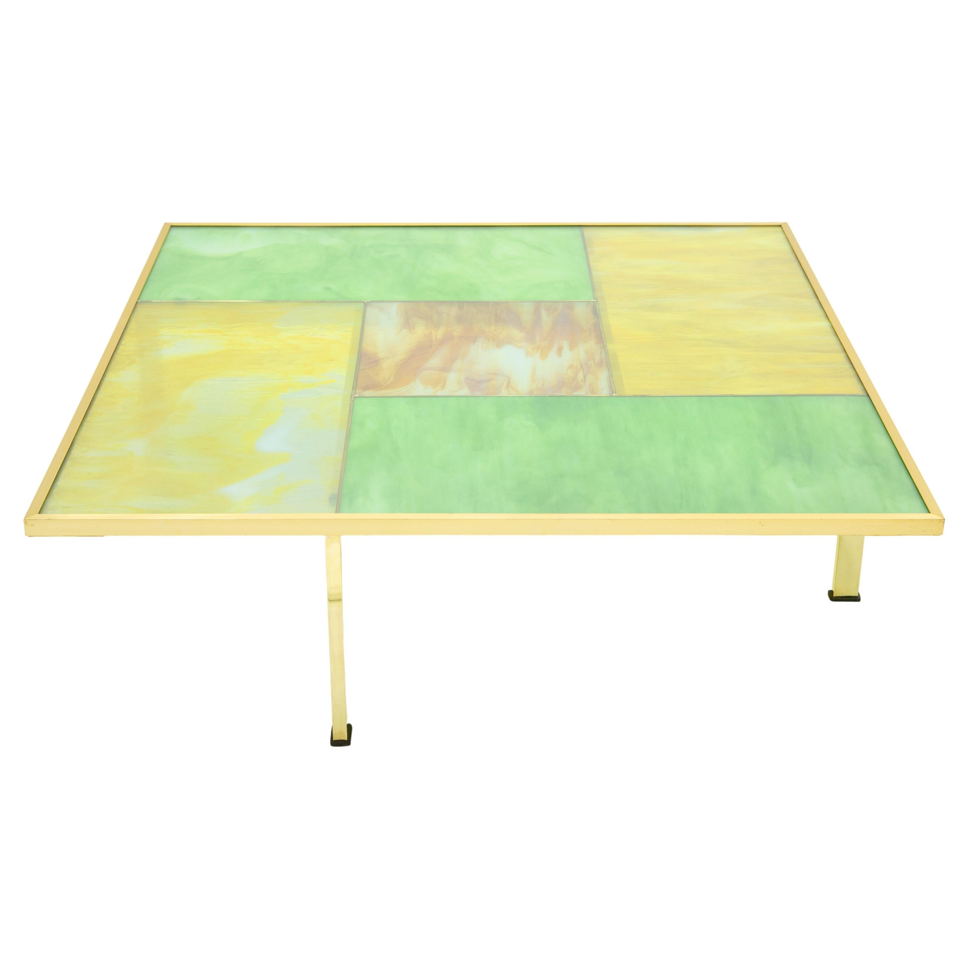Unique Italian Murano Stained Glass and brass coffee table 1960s For Sale