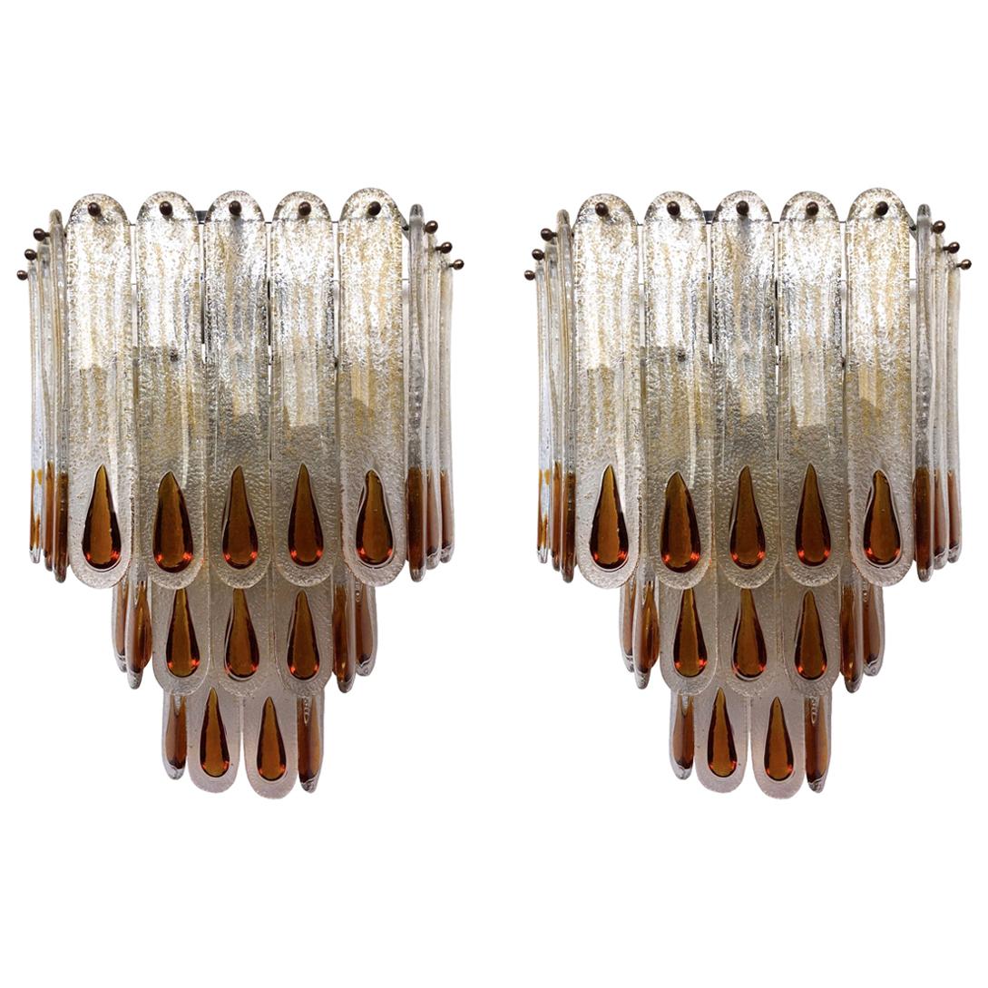 Unique Italian Pair of Midcentury Pair of Murano Wall Sconces by Mazzega, 1970s