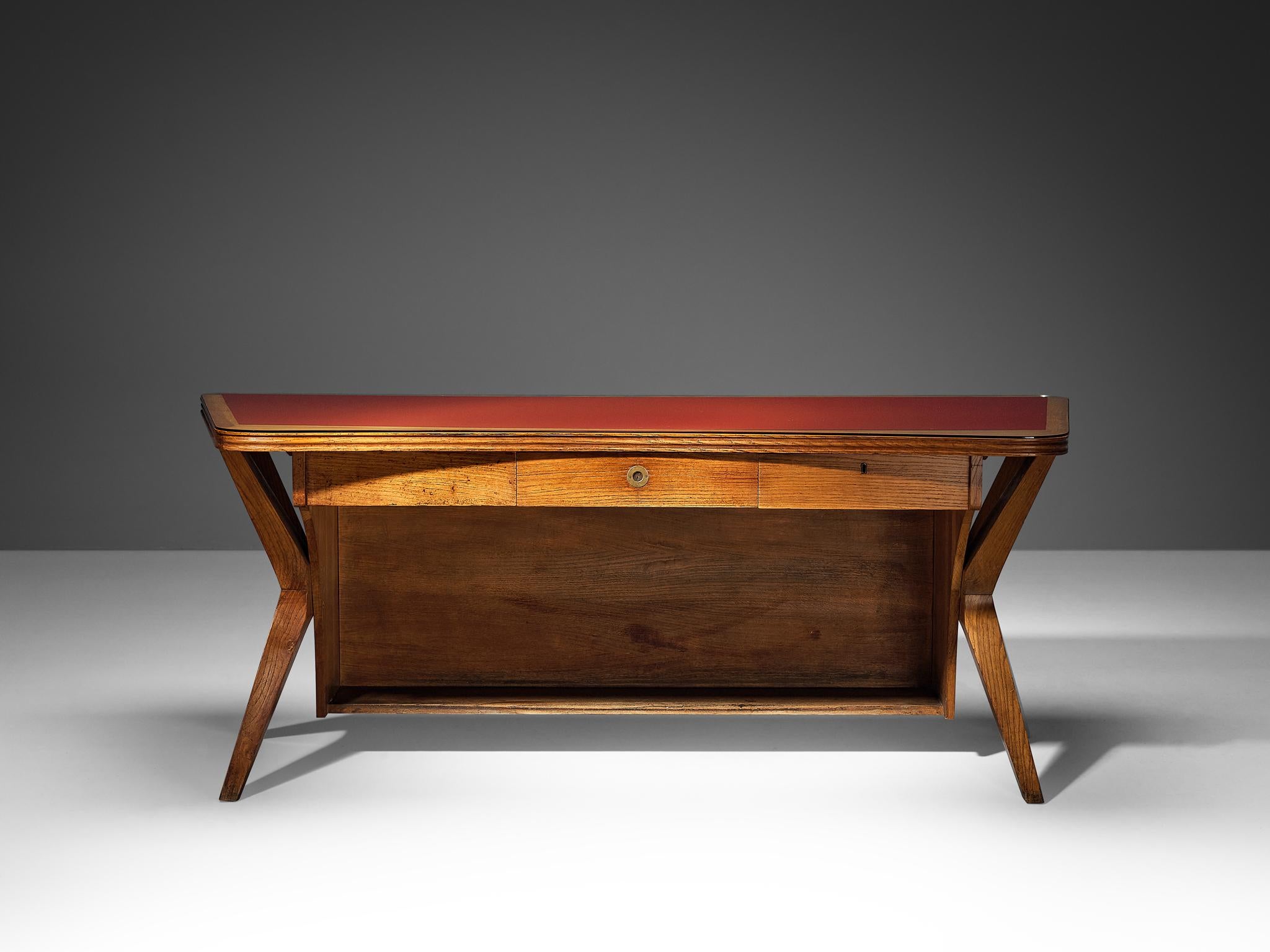 Brass Unique Italian Sculptural Free Standing Writing Desk in Walnut  For Sale