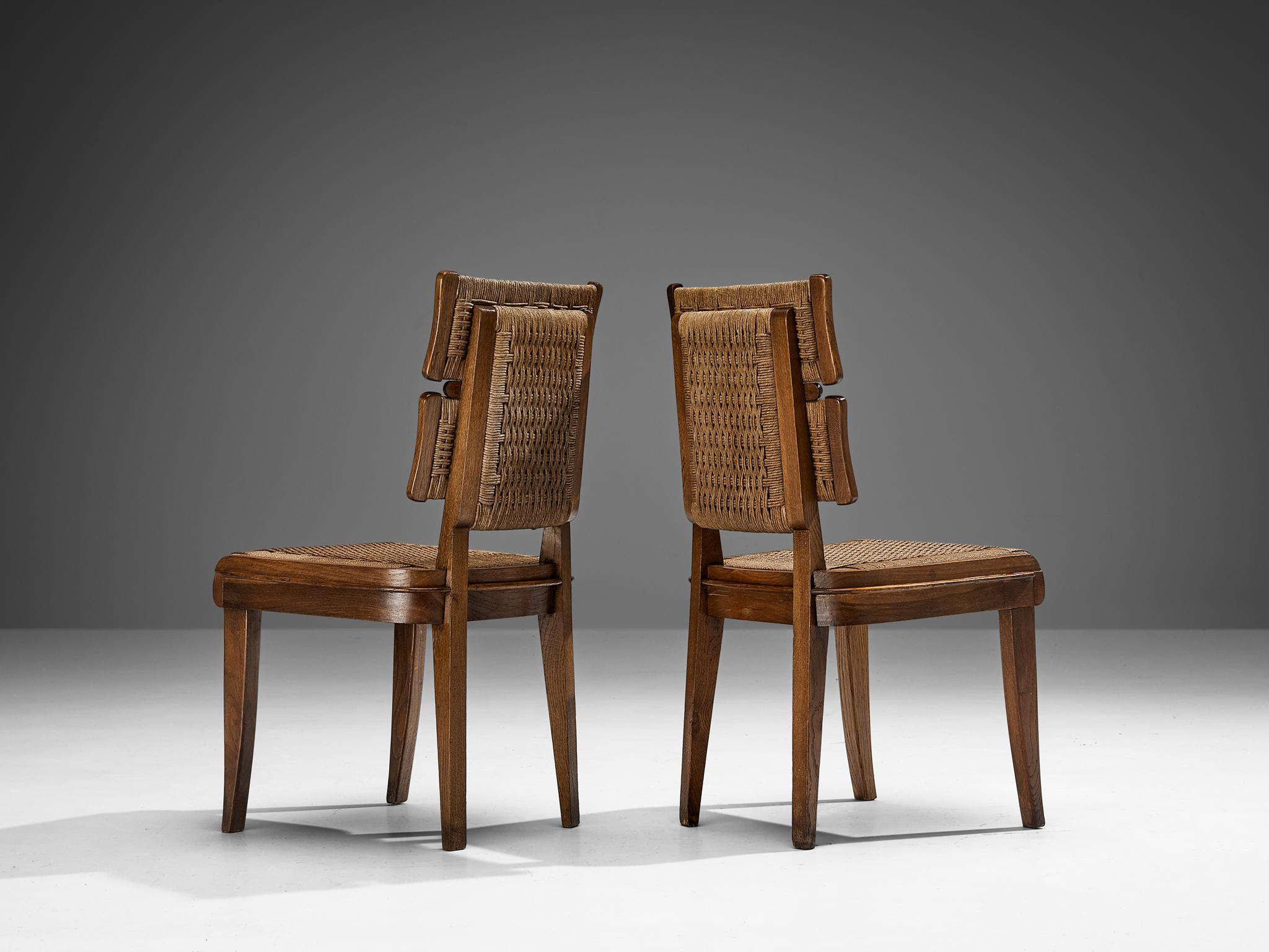 Unique Italian Set of Six Art Deco Dining Chairs in Oak and Paper Cord 5