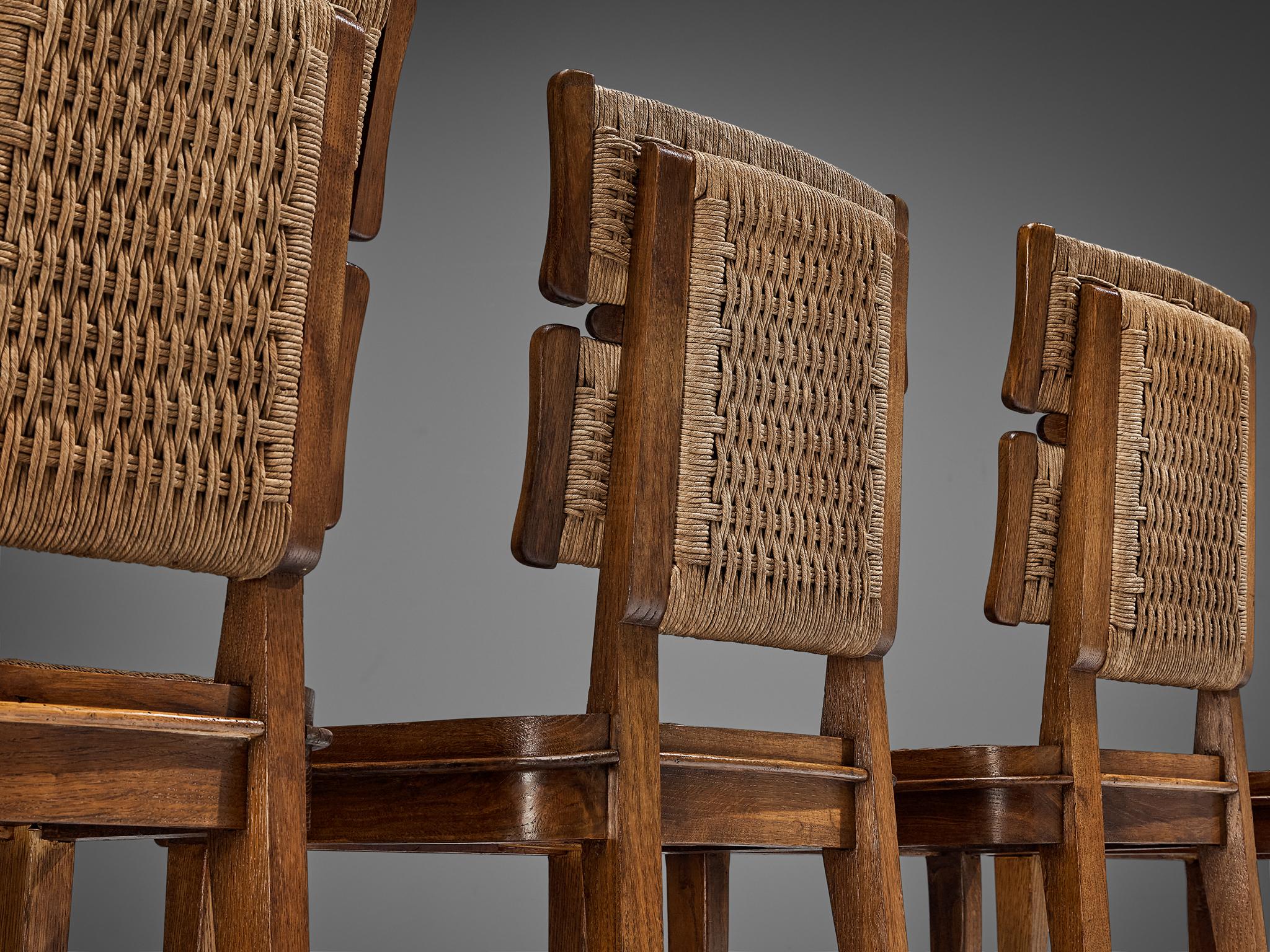 Unique Italian Set of Six Art Deco Dining Chairs in Oak and Paper Cord In Good Condition In Waalwijk, NL