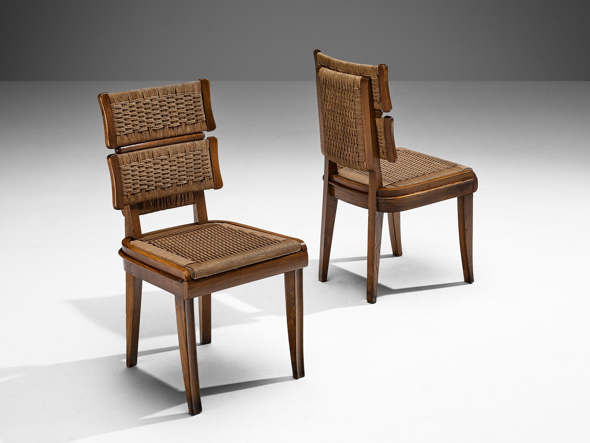 Mid-20th Century Unique Italian Set of Six Art Deco Dining Chairs in Oak and Paper Cord