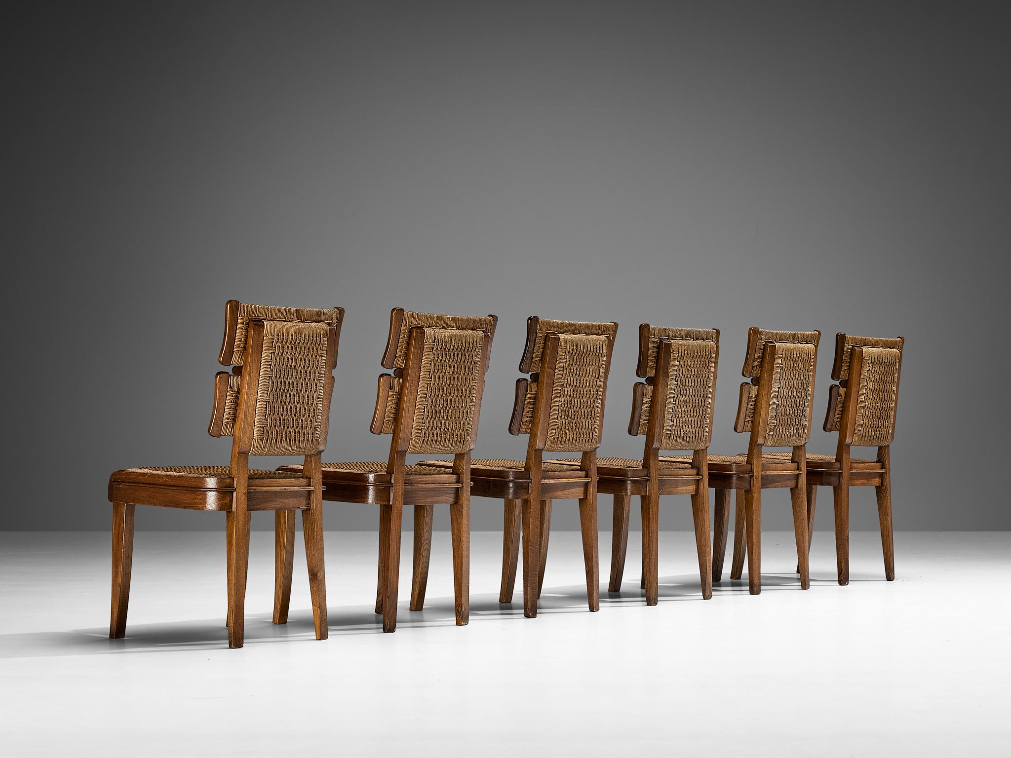 Papercord Unique Italian Set of Six Art Deco Dining Chairs in Oak and Paper Cord