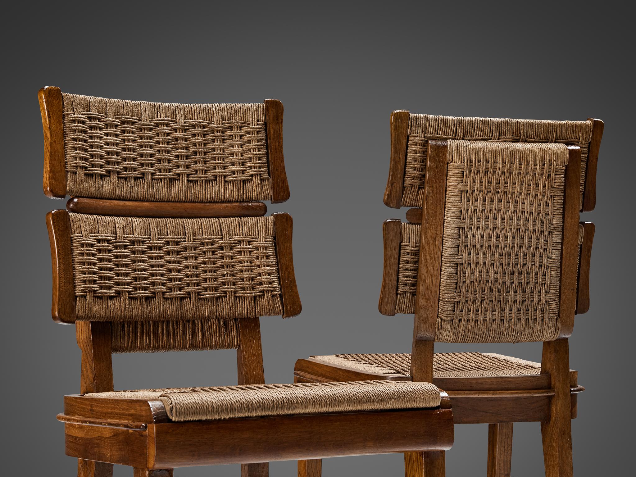 Unique Italian Set of Six Art Deco Dining Chairs in Oak and Paper Cord 1