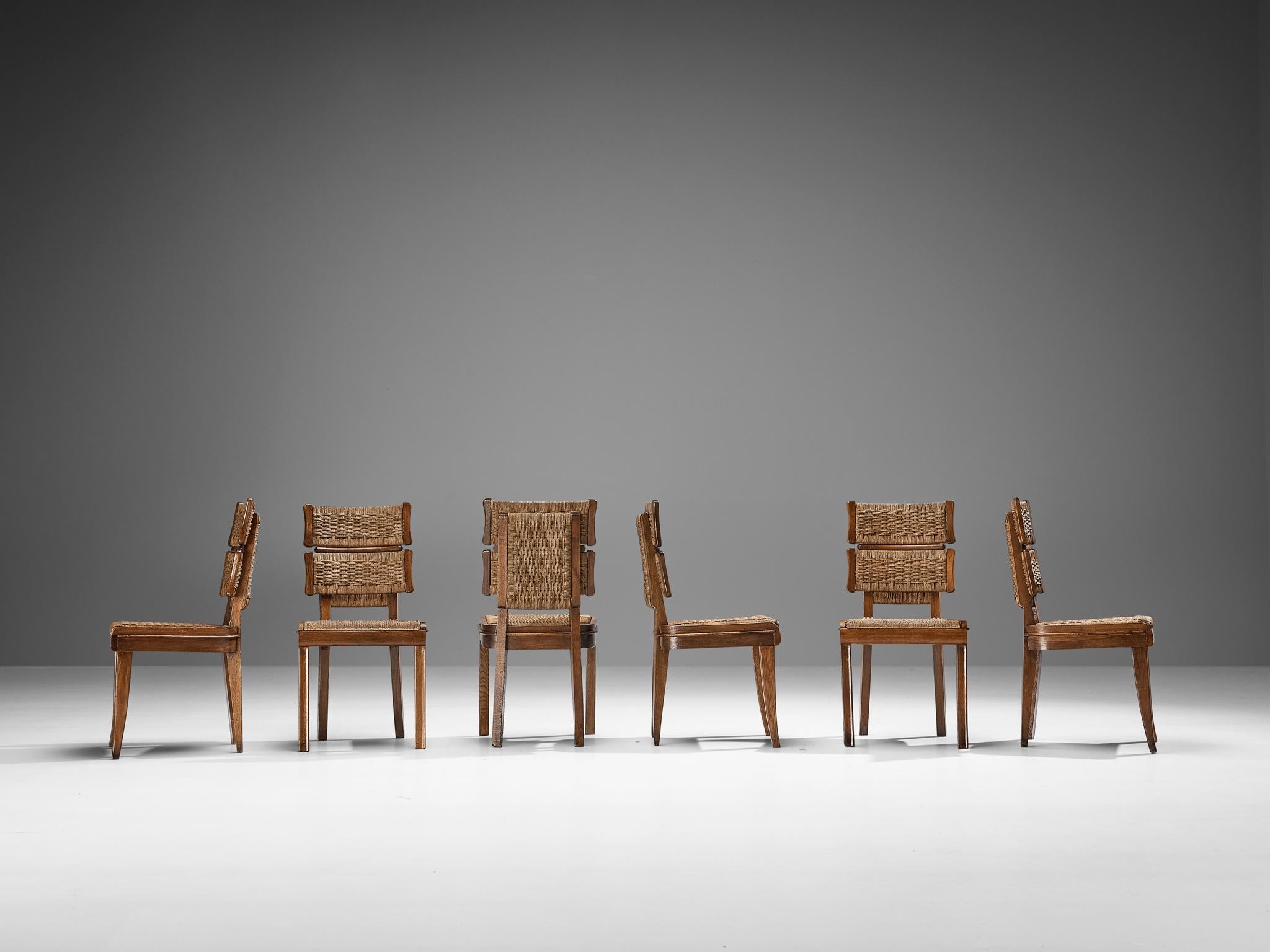 Unique Italian Set of Six Art Deco Dining Chairs in Oak and Paper Cord 4