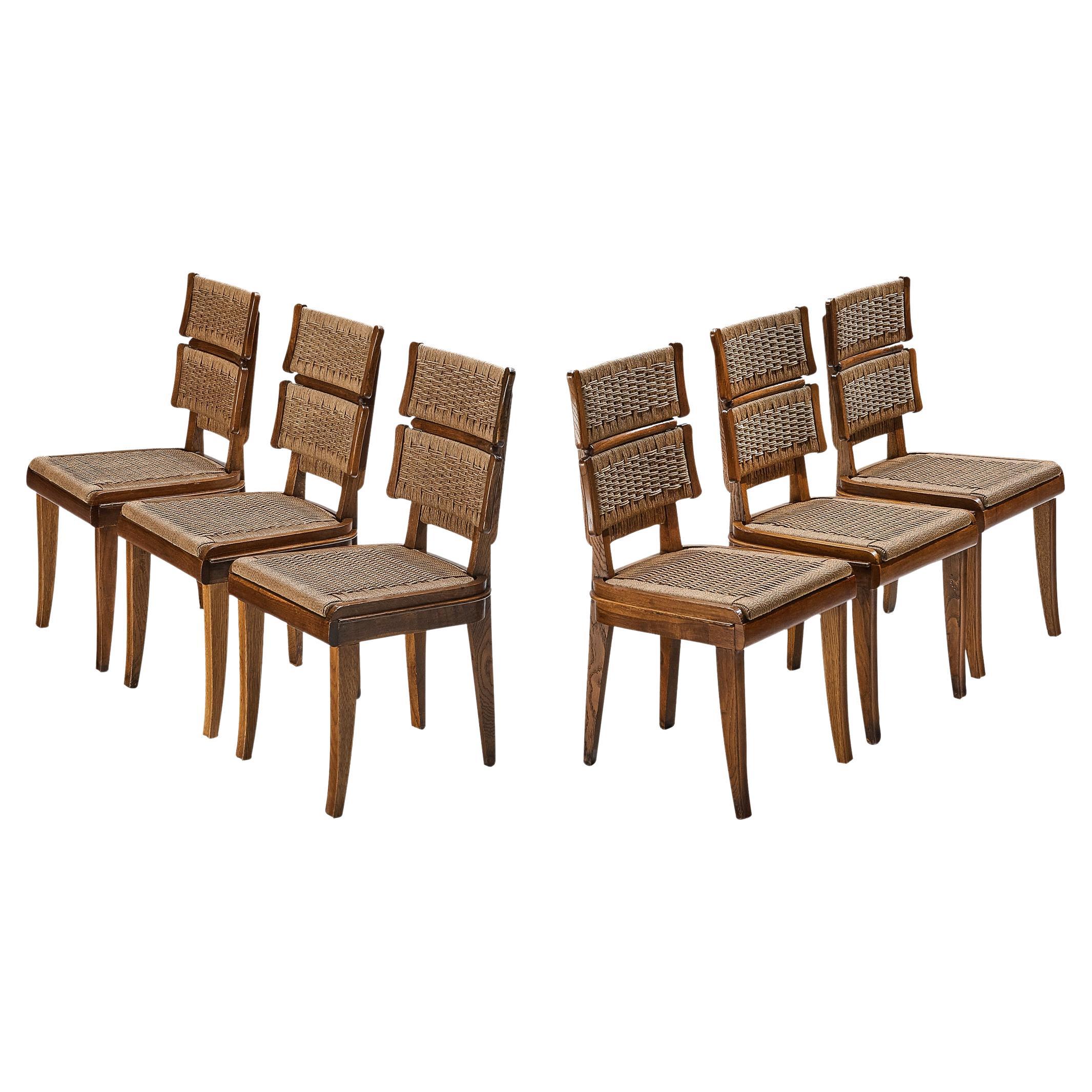 Unique Italian Set of Six Art Deco Dining Chairs in Oak and Paper Cord