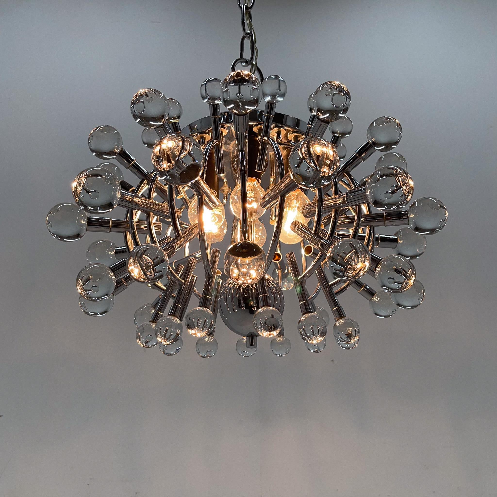 Vintage Italian chandelier with chrome finish and numerous crystal glass balls. 
Bulbs: 2x 1 E26-27. US wiring compatible.