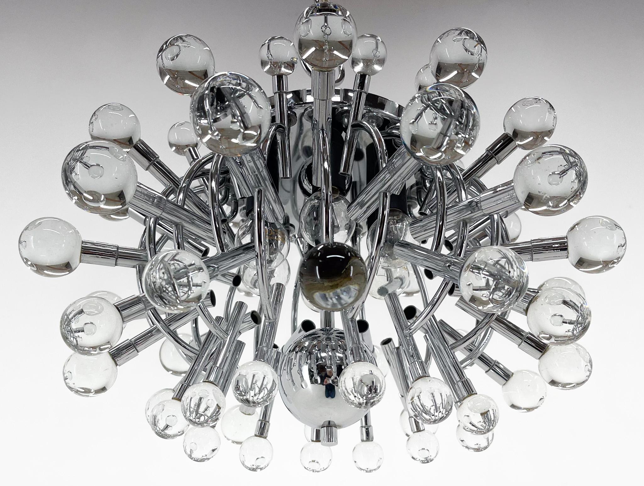 Mid-Century Modern Unique Italian Space Age Chrome & Crystal Glass Chandelier, 1970s For Sale