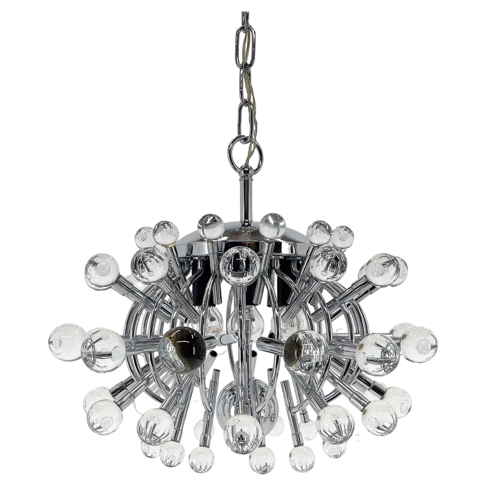 Unique Italian Space Age Chrome & Crystal Glass Chandelier, 1970s