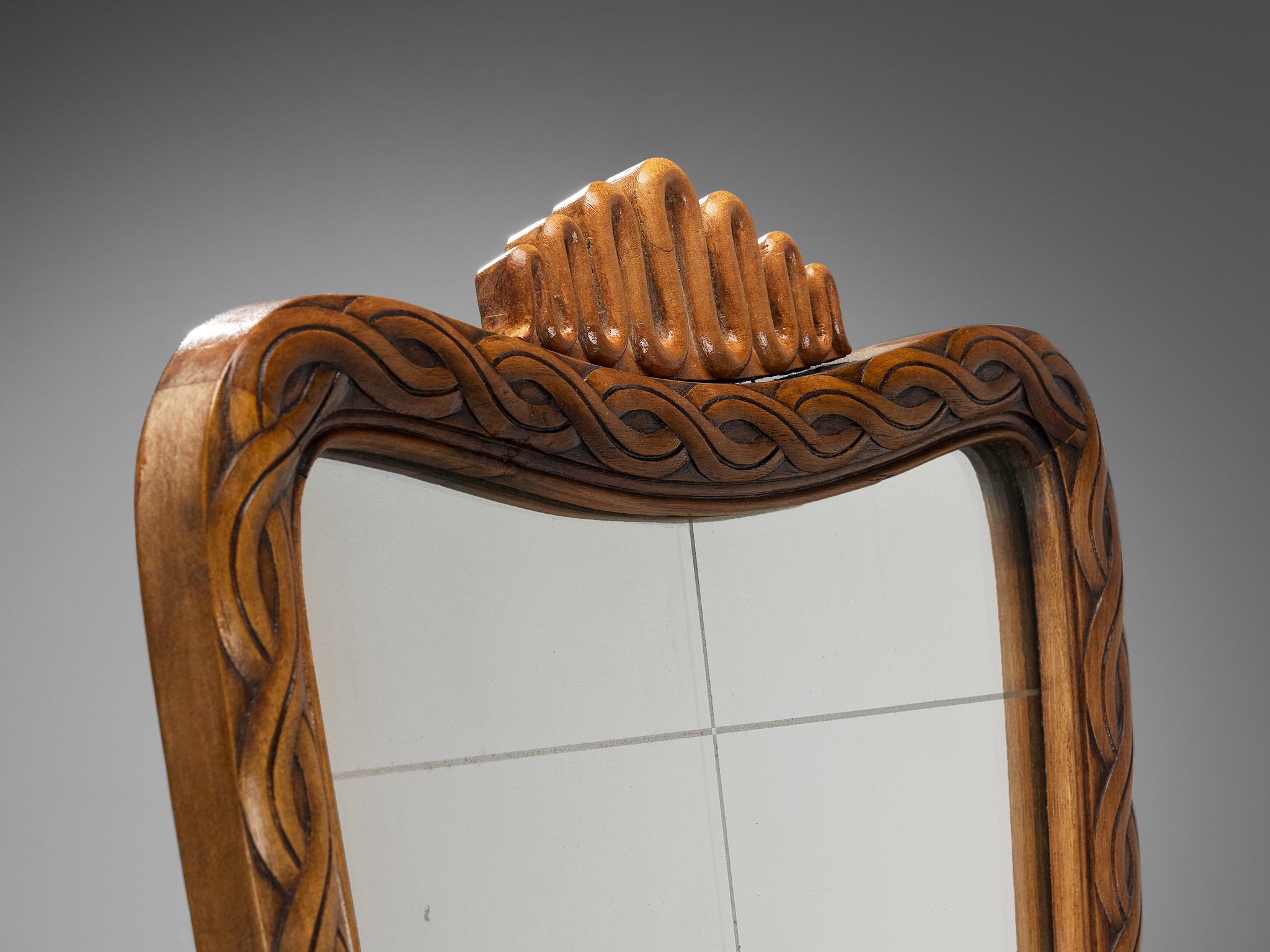 Table de coiffeuse italienne unique avec miroir et éléments sculptés en chêne  en vente 3