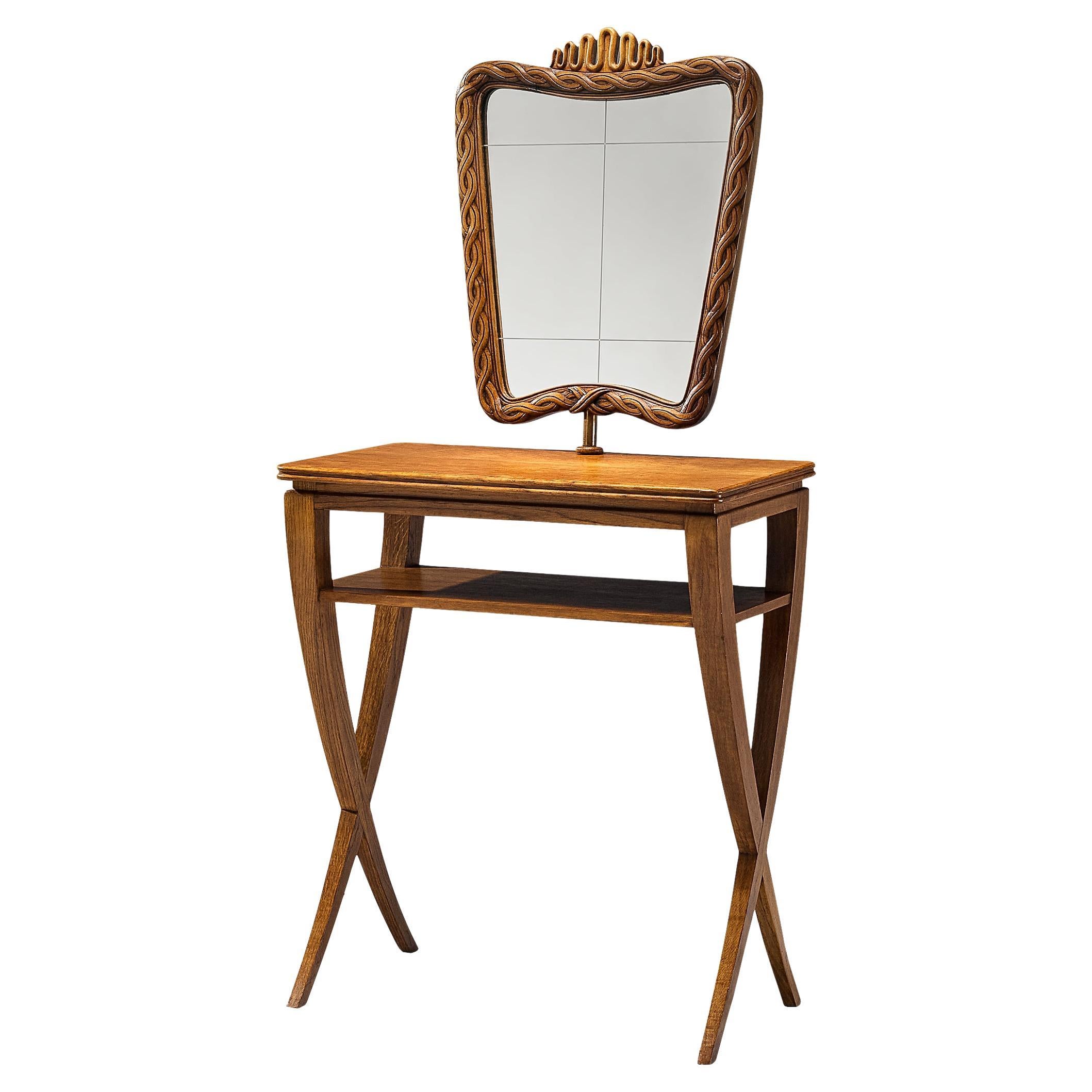 Table de coiffeuse italienne unique avec miroir et éléments sculptés en chêne 