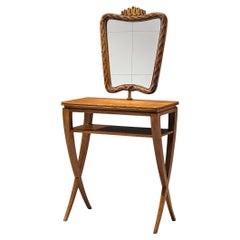 Table de coiffeuse italienne unique avec miroir et éléments sculptés en chêne 