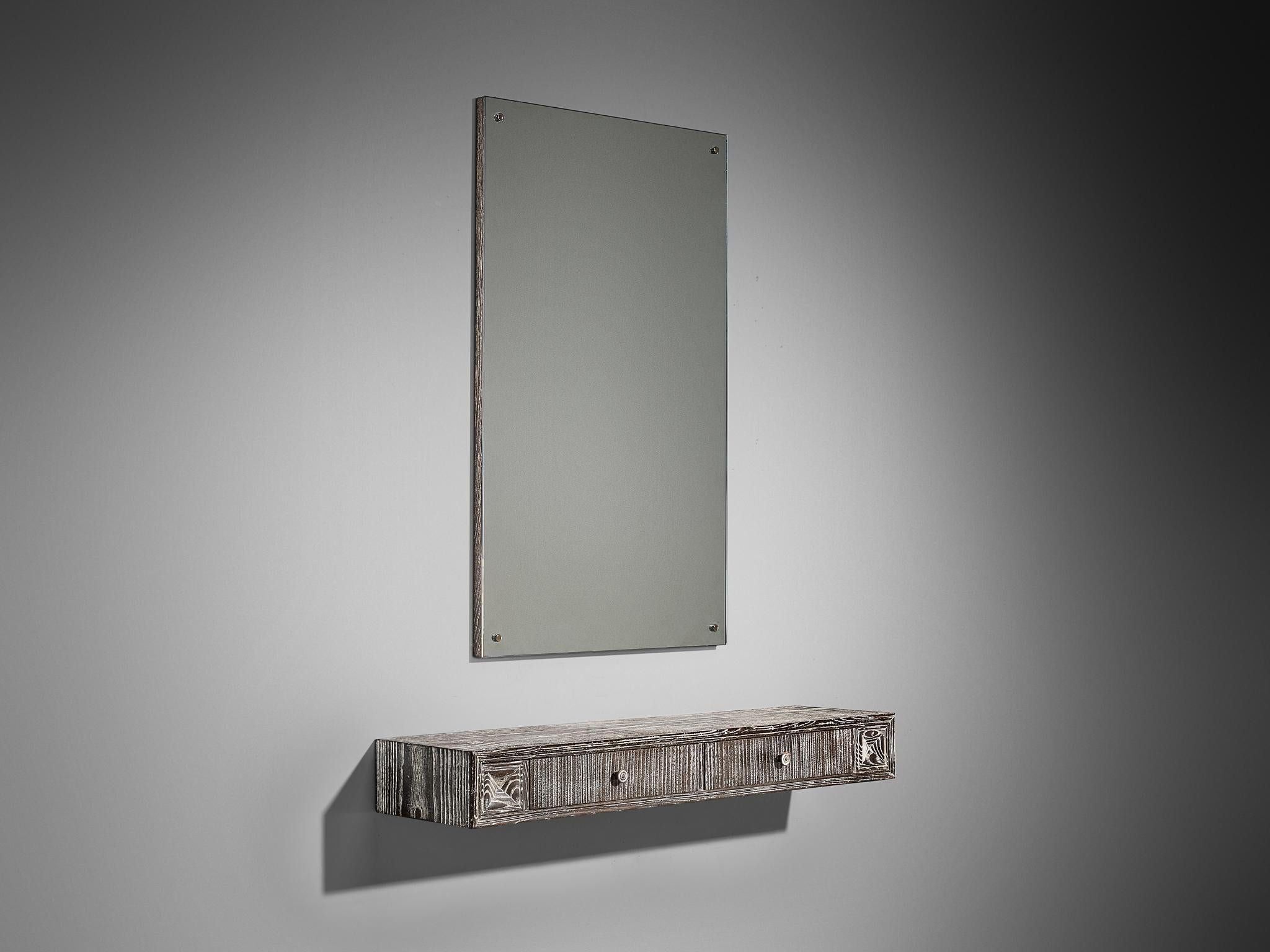 Rustic Unique Italian Wall-Mounted Console with Mirror in Cerused Chestnut For Sale