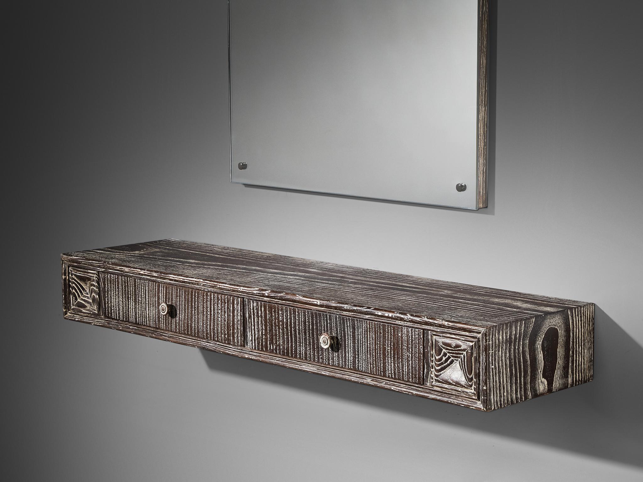 Unique Italian Wall-Mounted Console with Mirror in Cerused Chestnut In Good Condition For Sale In Waalwijk, NL