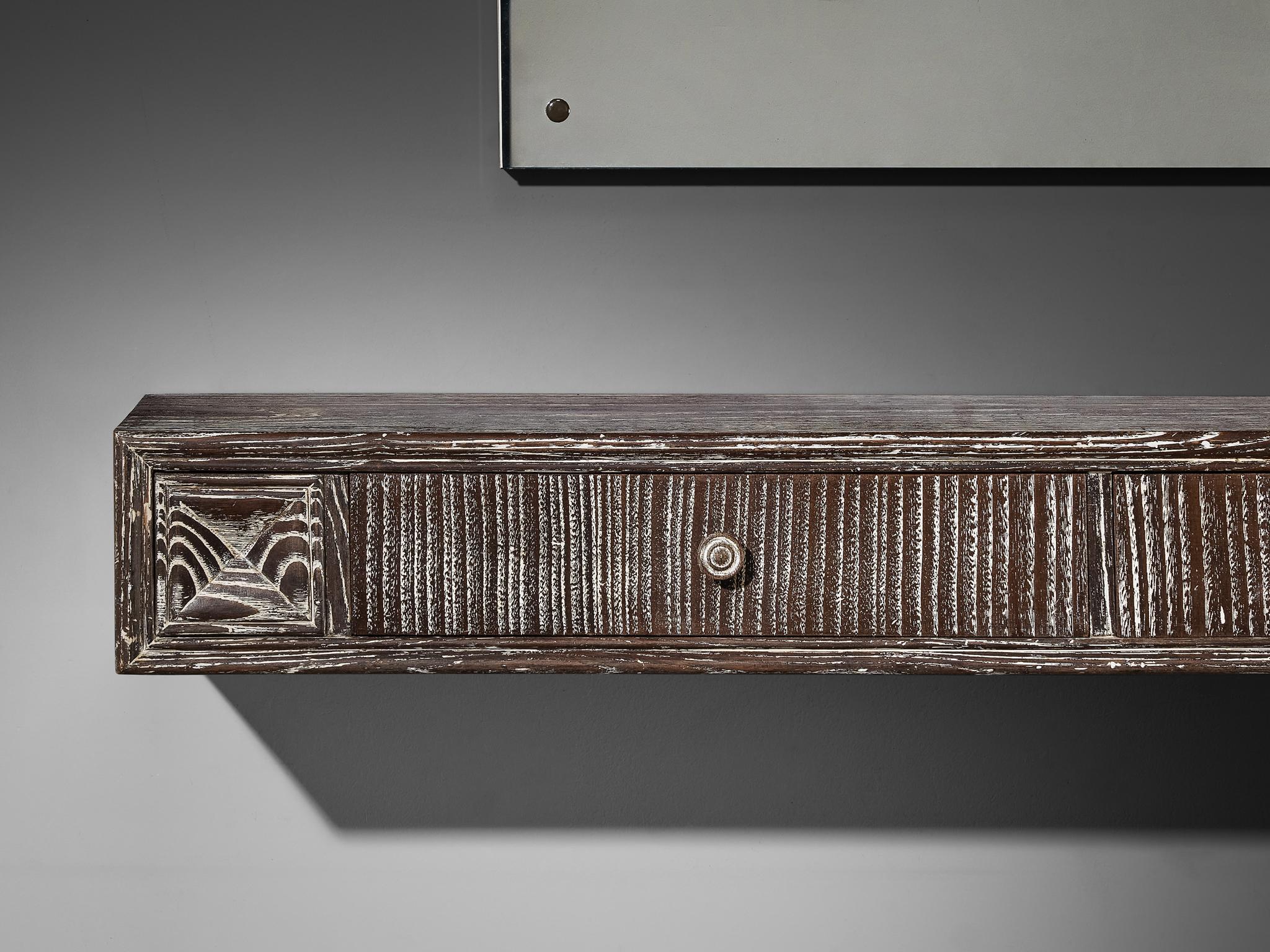 Mid-20th Century Unique Italian Wall-Mounted Console with Mirror in Cerused Chestnut For Sale
